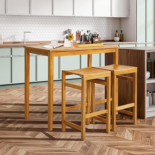 Miniatura 9 de Tangkula Mesa de bar de madera de acacia para exteriores, mesa rectangular de 45 pulgadas de altura de barra, mesa de comedor rústica con mesa de