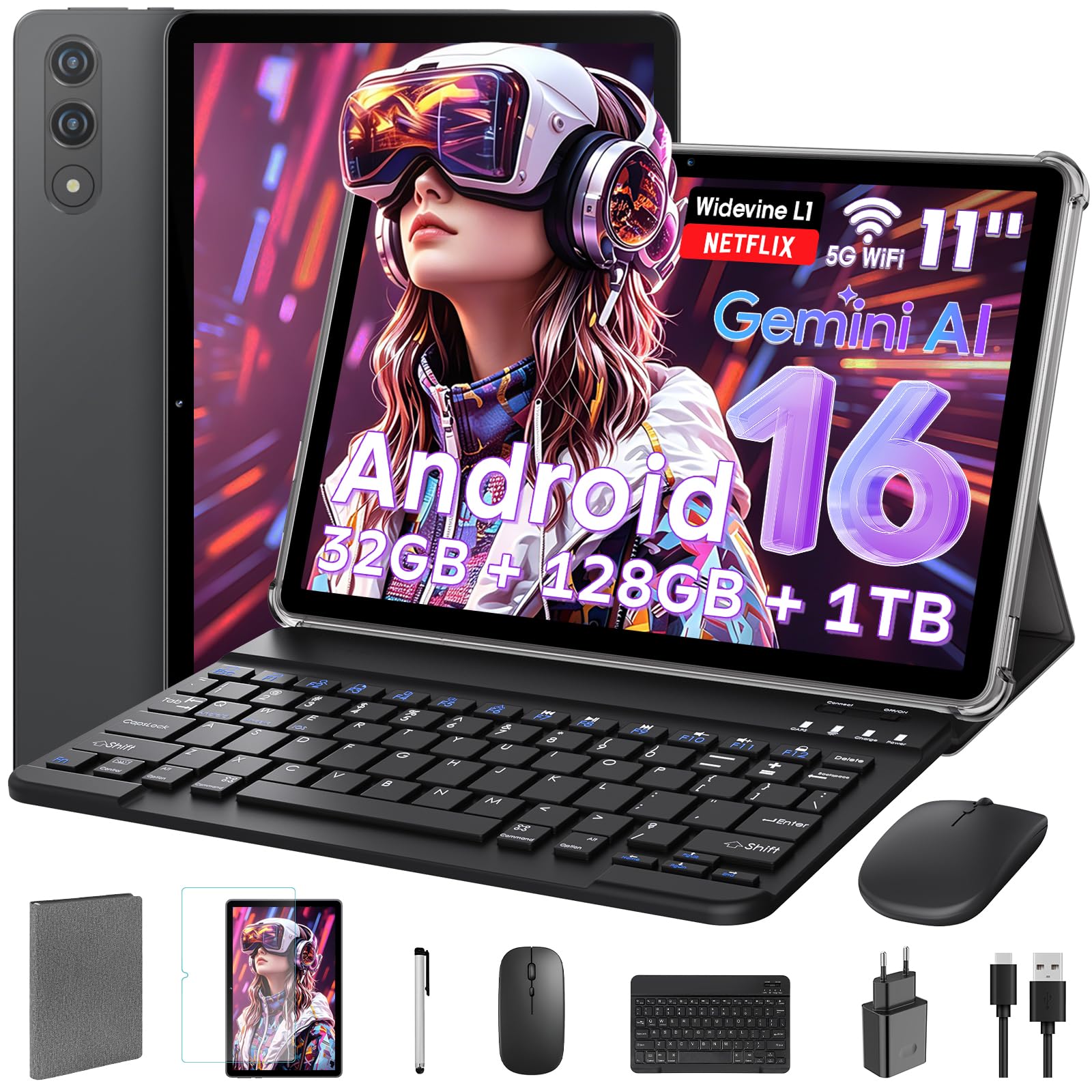 11 Zoll Tablet mit Tastatur｜Android 16 mit Gemini AI｜32GB RAM + 128GB ROM (1TB TF) 1920*1200 FHD 90Hz Display｜ Unisoc T7250 Octa-Core｜8MP+16MP Duale Kamera｜ Face ID｜ Widevine L1｜ 8000mAh｜GPS （Grau)