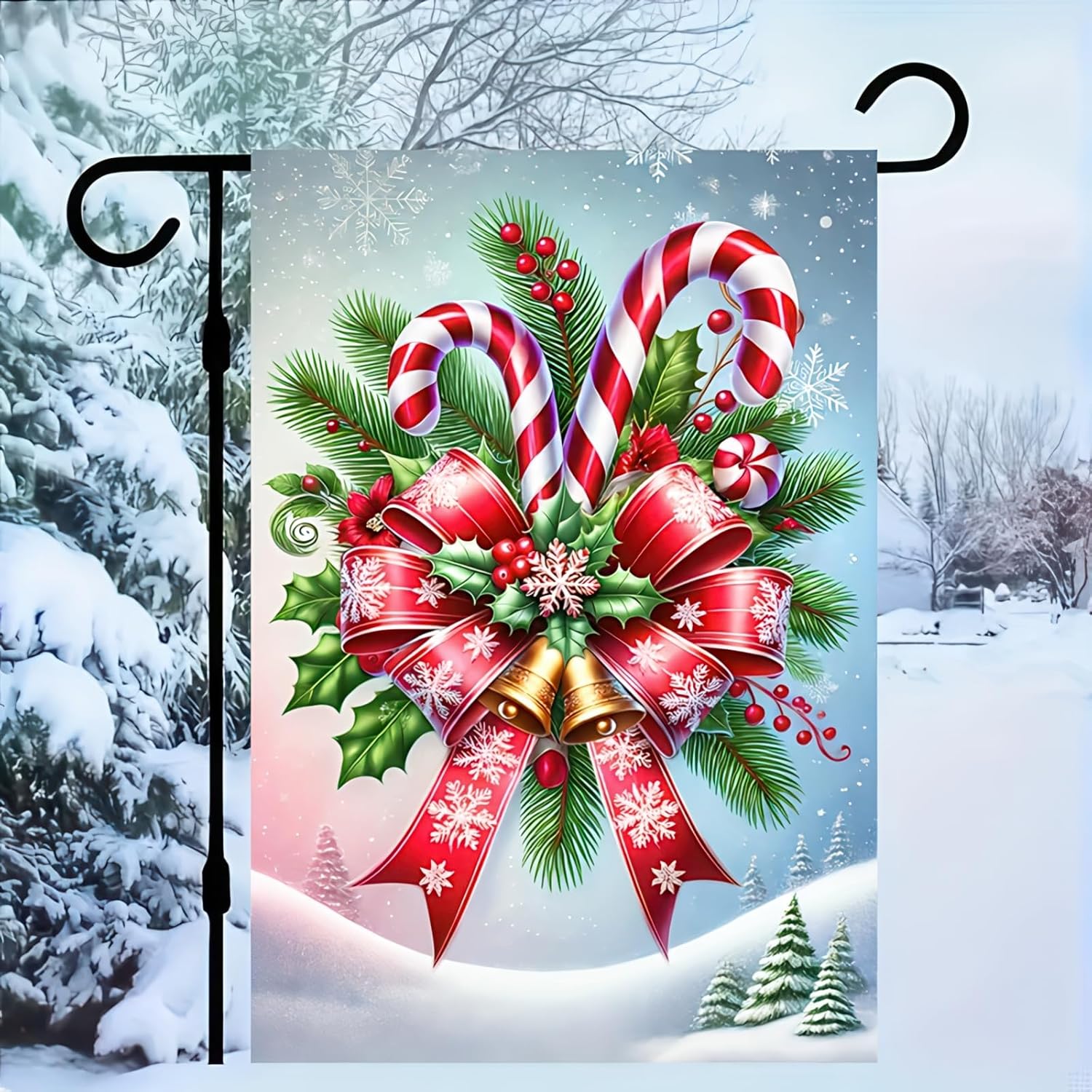 Christmas Garden Flag Double Sided 12x18 Flag Winter Flag Candy Cane Holly Flower Garden Flag Candy Cane And Holly Design For Festive Outdoor Yard And Patio Lawn Decoration Banner - Image 4