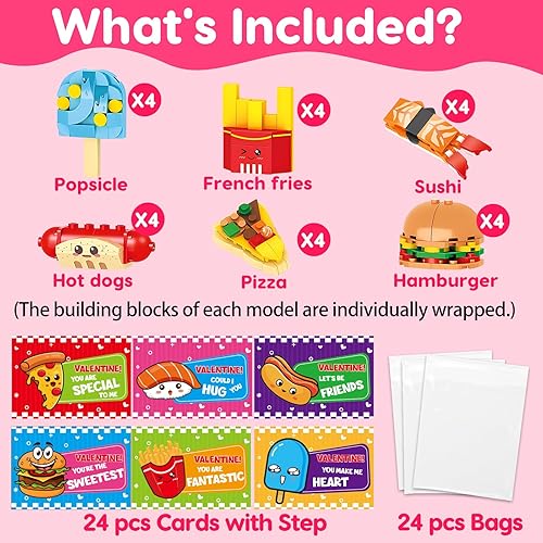 Miniatura 2 de Paquete de 24 tarjetas del día de San Valentín, bloque de construcción de comida rápida para niños, aula, intercambio de San Valentín, tarjetas de