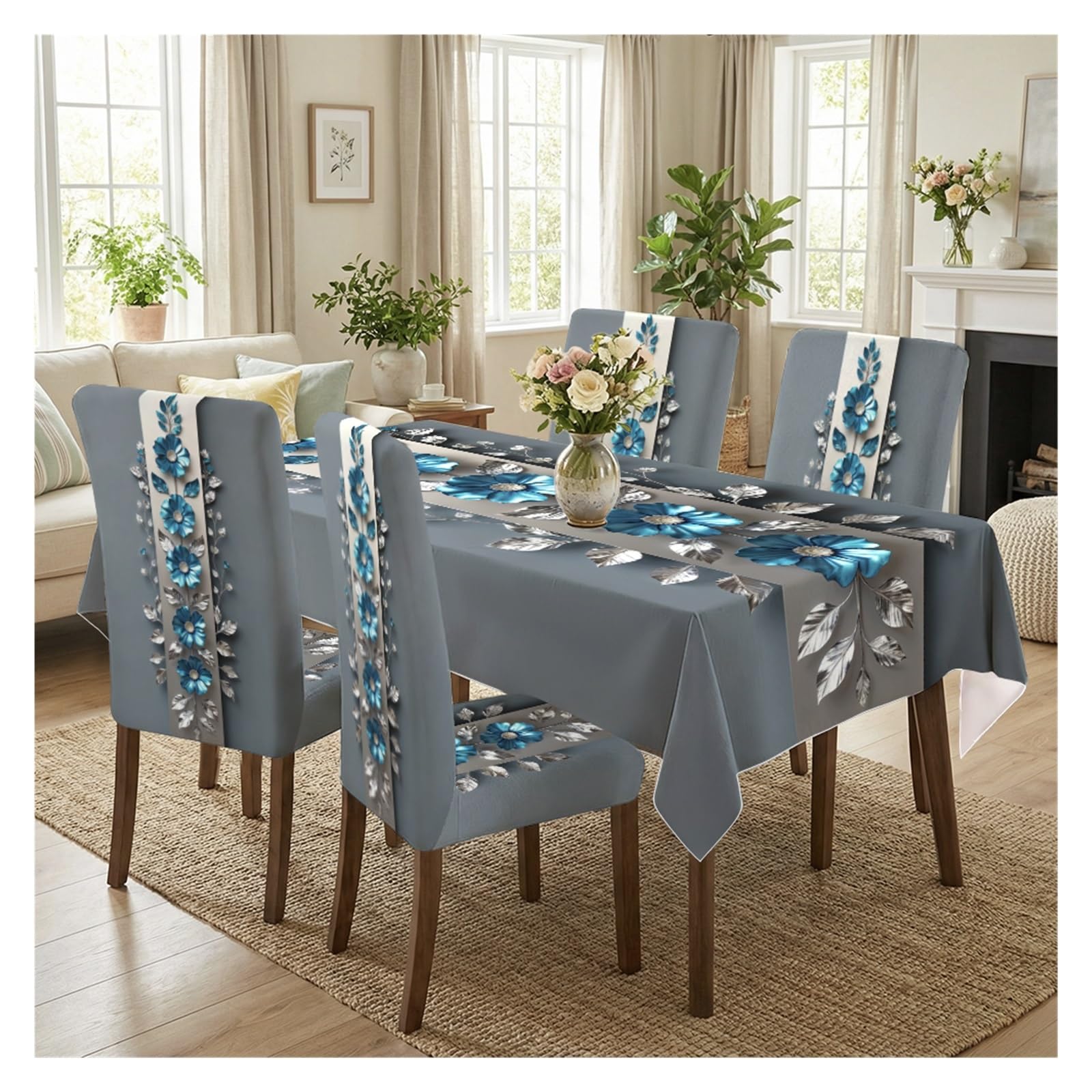 KXUAUV Teal Floral Print Tablecloth & Chair Covers Set, Slipcovers For Dining Room, Kitchen, Modern & Elegant Decor, 5/7 Pack Party Decor(5pcs Set: Tablecloth+Chair Covers)