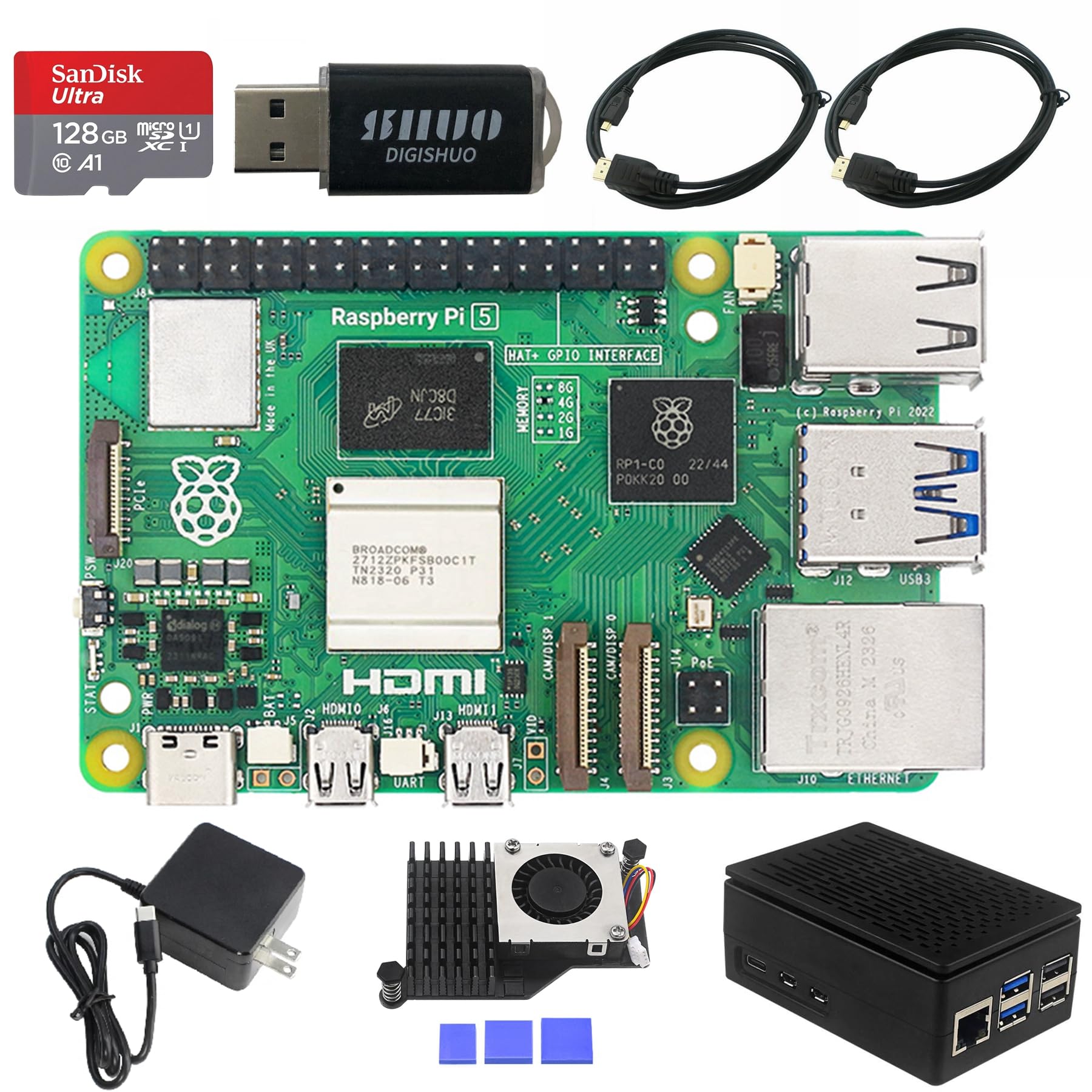 DIGISHUO Raspberry Pi 5B Model B 4GB RAM DIY 8 in 1 Kit | Balck Case | Pi 5 Active Cooler | San Disk 128G SD Card Micro-SD | 2X Micro HDMI Cable | Sufficient 5.1V 5A Power Supply