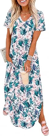 Womens Spring Summer Floral Print Dress Loose Maxi Short Sleeve Vacations Beach Party Boho Dresses
