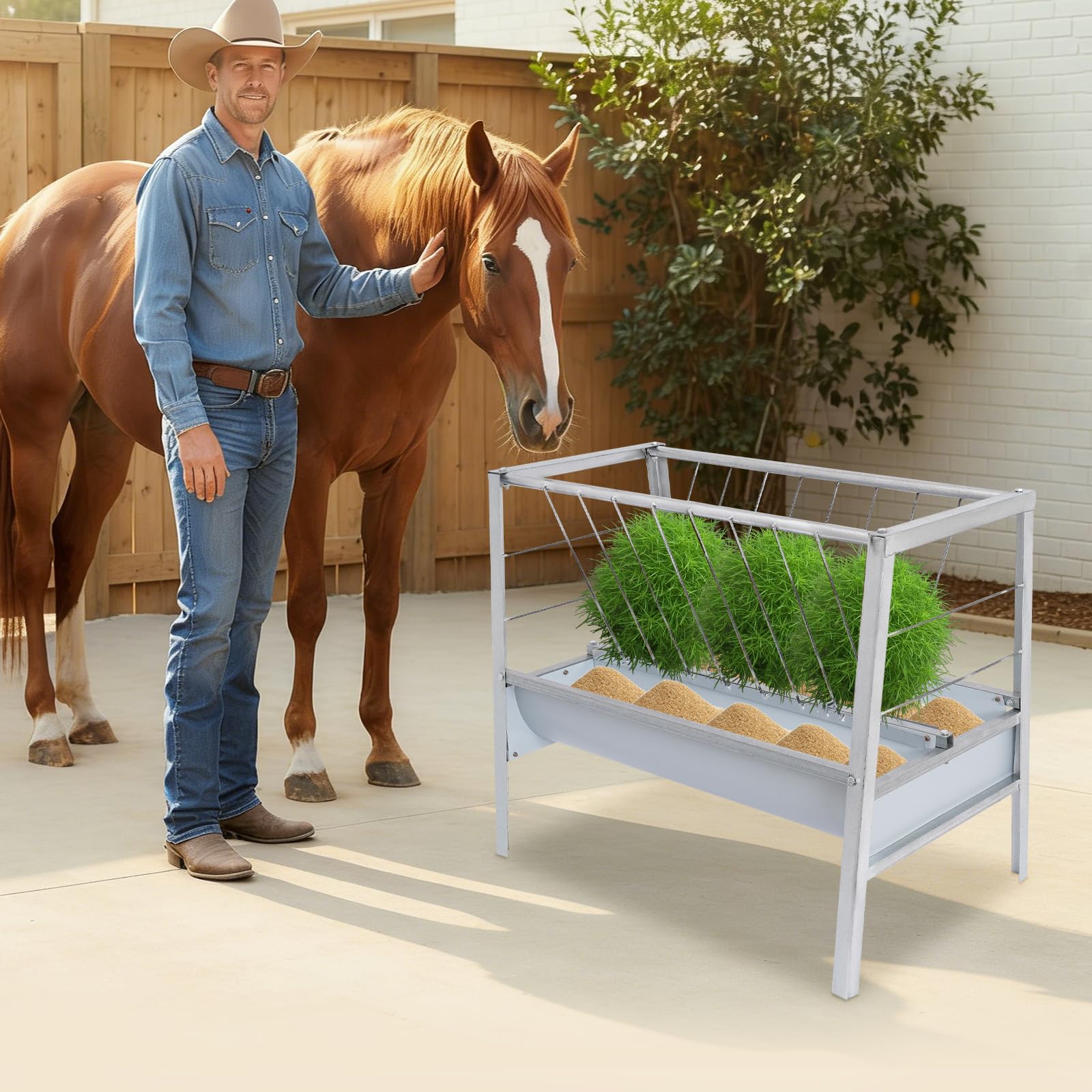 Comedero grande 2 en 1 de acero resistente para heno y cereales con más profundo y independiente, comedero para caballos, cabras, ovejas y ganado, 100 x 66 x 85 cm