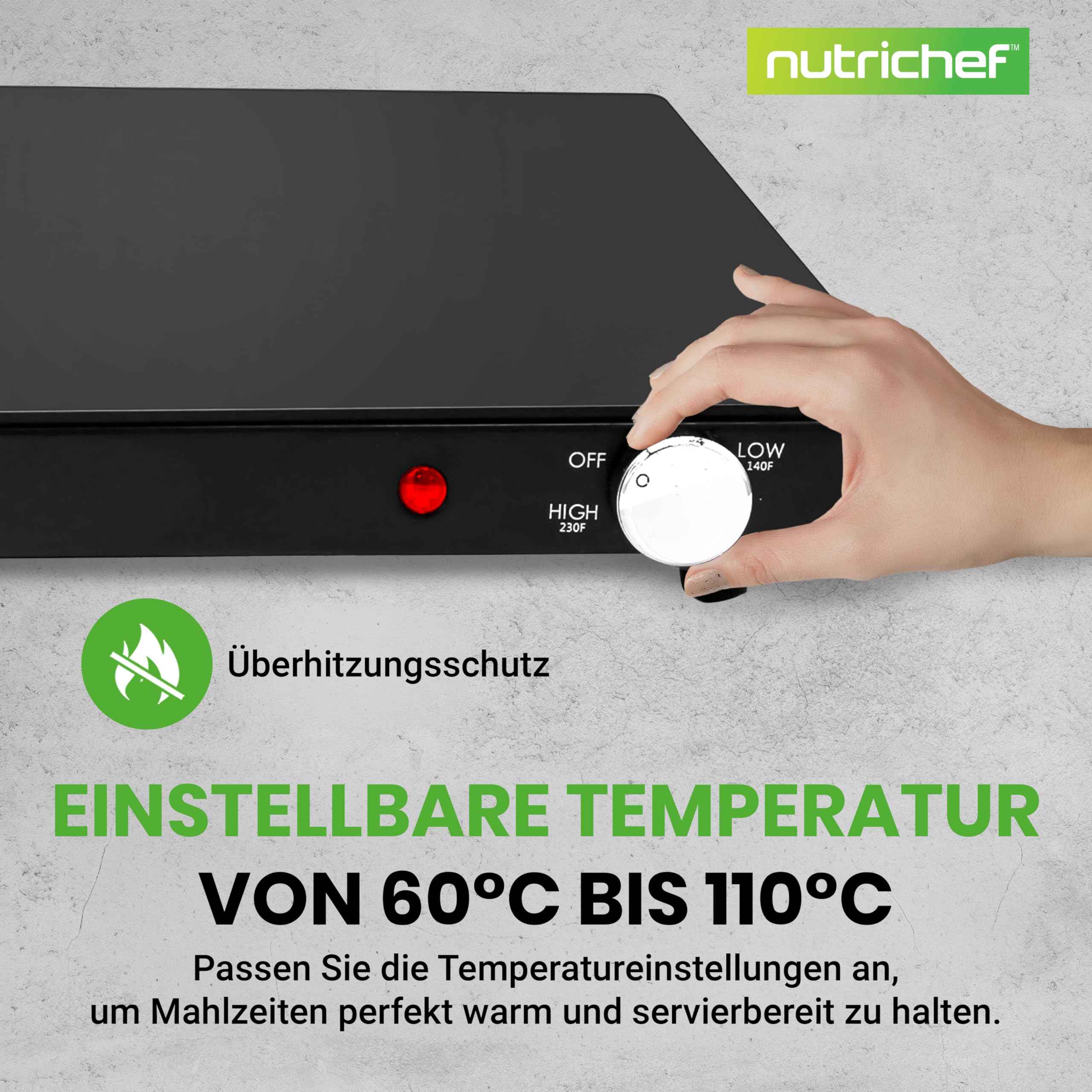 NutriChef Kochplatte elektrisch – Warmhalteplatte 54×42 cm mit Temperaturregelung 60–110 °C, 180 W Warmhaltebehälter für Buffet, Grillgut & Party - Sicher, Energiesparend & Flach - Schwarz