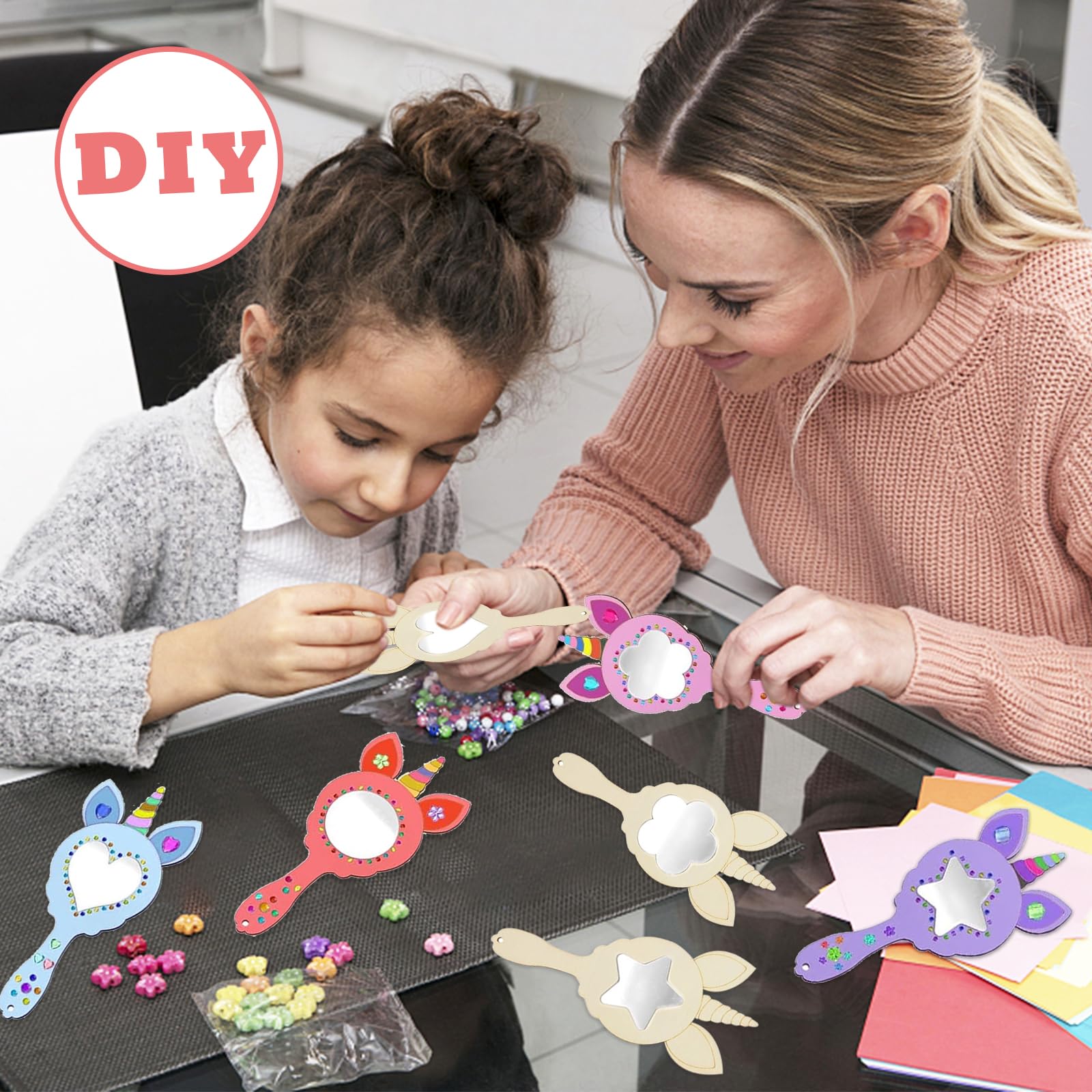 Miroir de Princesse en Bois, 12 Pièces Licorne à Main, DIY Enfant à Peindre et Décorer, Bricolage Loisirs Créatifs Peinture Activités Manuelles