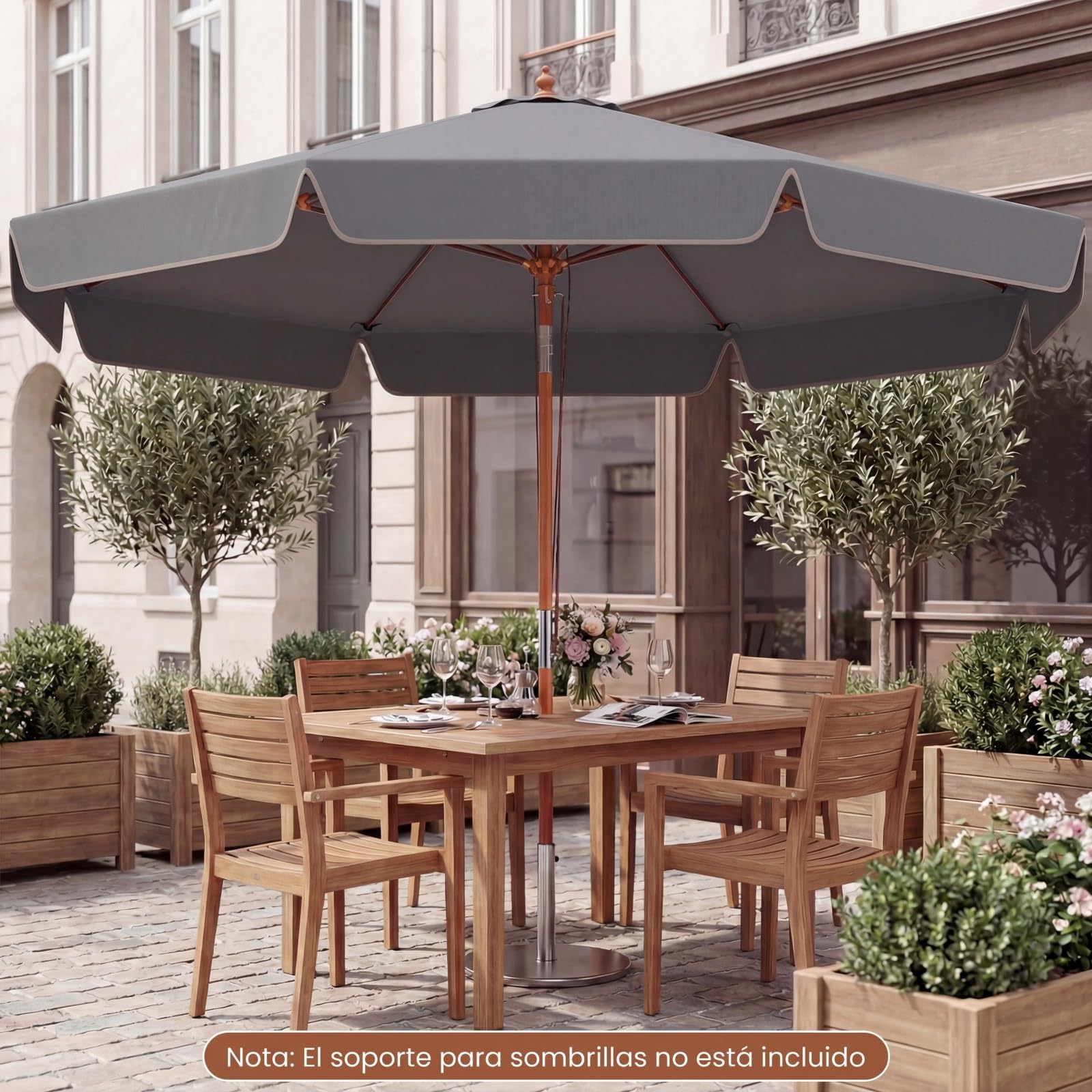 COSTWAY Sombrilla Terraza Exterior 300 cm, Parasol Jardin con Inclinación 30° en Ambos Lados, Mango de Madera, Parte Superior Ventilada, 8 Varillas, Sombrilla de Patio Jardín Playa Piscina
