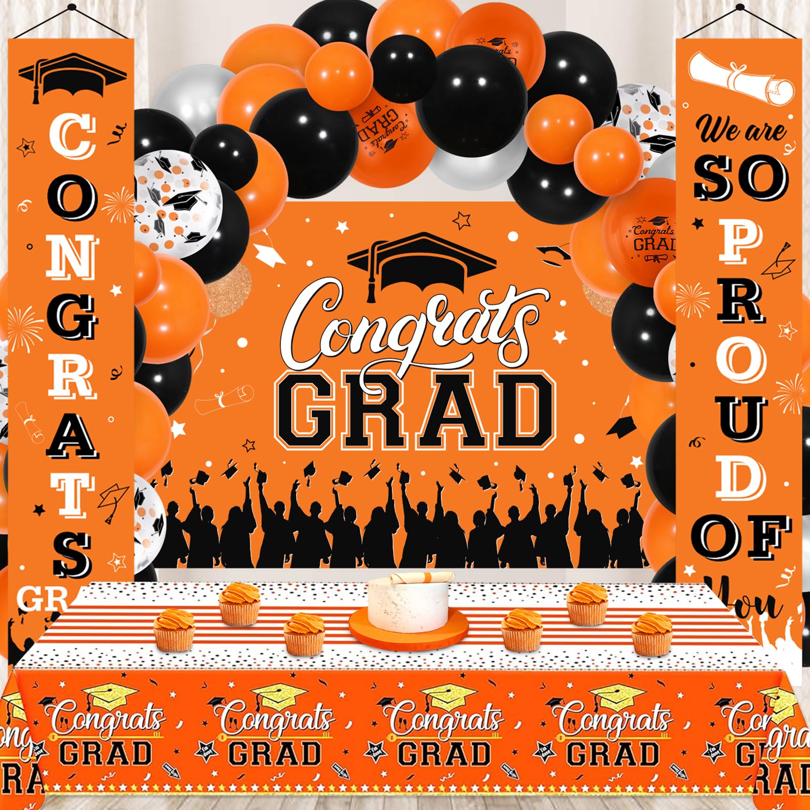 Wonmelody Black and Orange Graduation Party Decorations Set 2025 Graduation Congrats Grad Backdrop We Are So Proud Of You Door Banner Table Cover 2025 Graduate Balloon Kit Graduation Decoration - Image 3