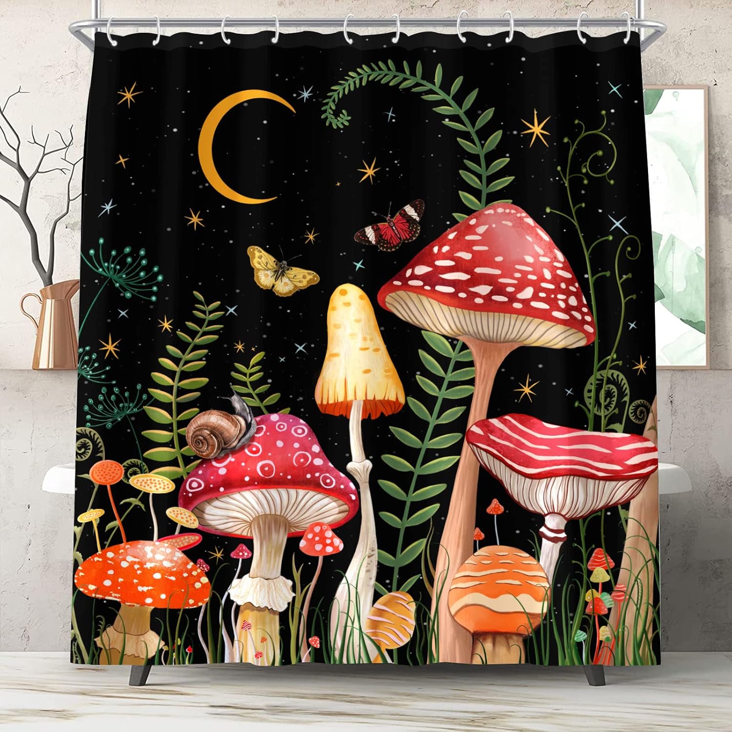 84 Inch Extra Long Mushroom Shower Curtain Black and Red Floral Butterfly Waterproof Fabric Bathroom Shower Curtains Aesthetic Moon Flower Plant Bath Curtain with Hooks (72'' × 84'', Black)
