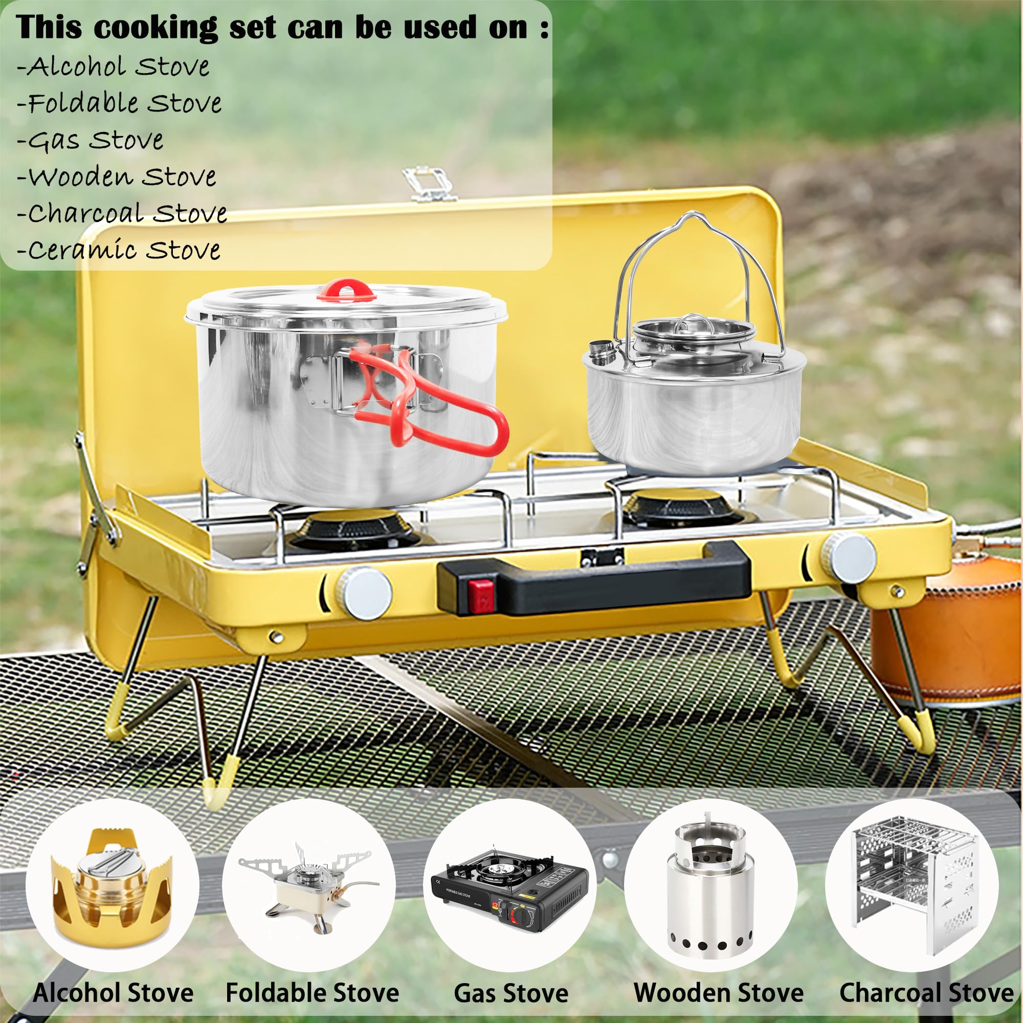 Set di pentole da campeggio in acciaio inox 18/8, dimensioni familiari, da 6 a 8 persone, pentole e padelle con utensili e bollitore, kit da cucina all'aperto con borsa per il trasporto