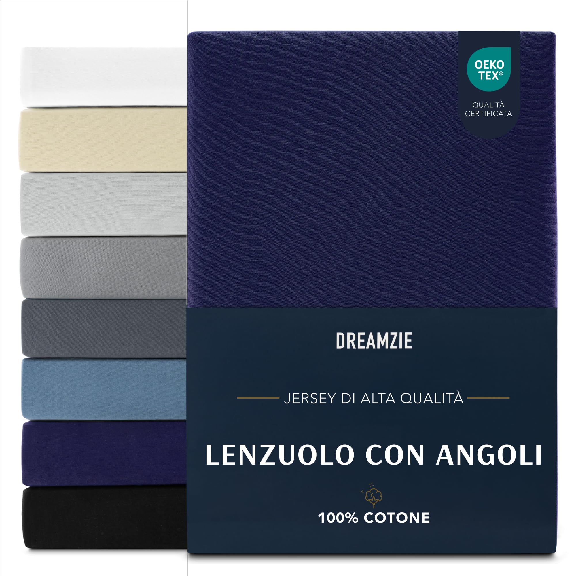 Dreamzie Lenzuola Letto Singolo Cotone 90x200 cm, Altezza Materasso Fino a 22 cm - Lenzuolo con Angoli Singolo - Blu Scuro - Certificato Senza Prodotti Chimici (Oeko Tex)