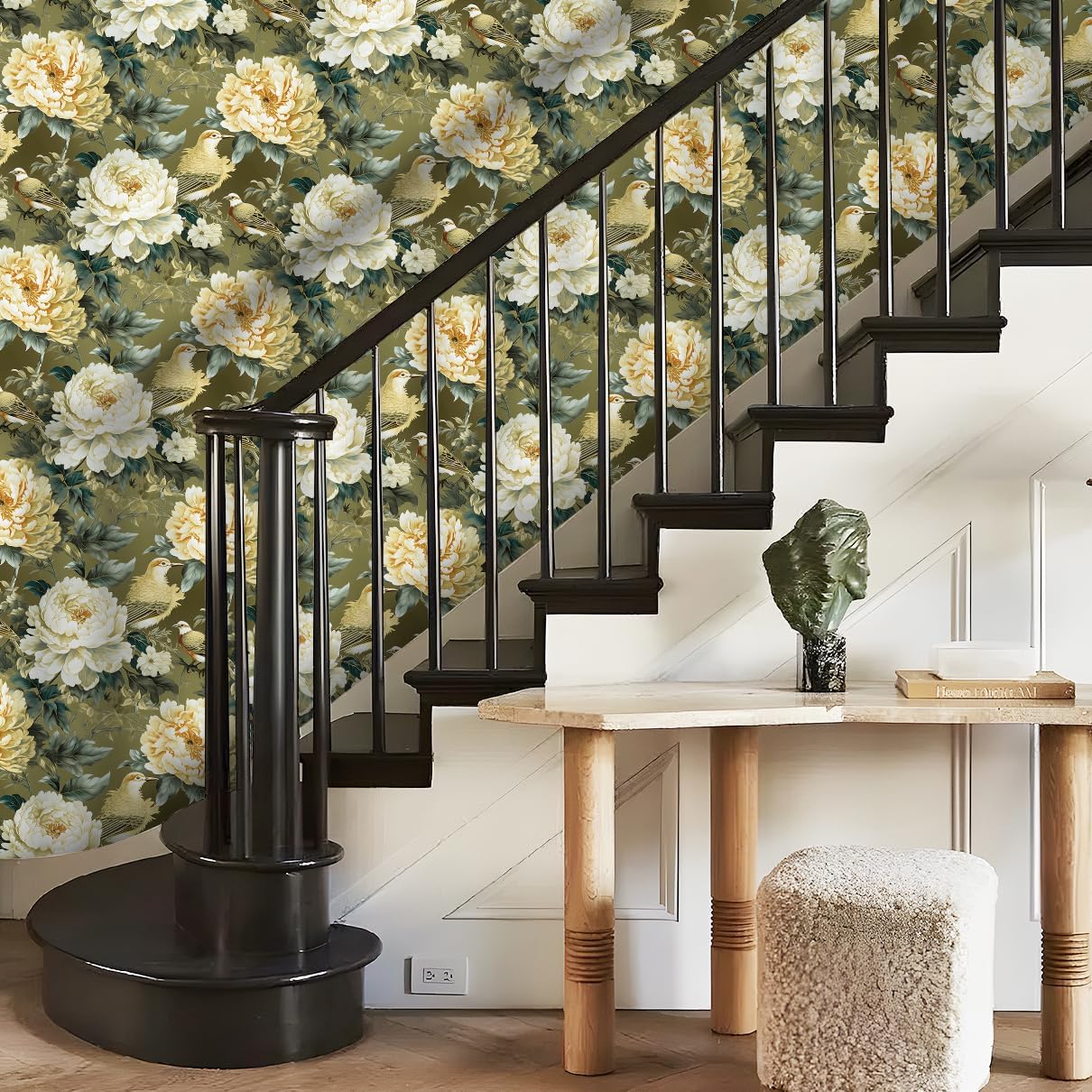 LACHEERY Chinoiserie Peony Wallpaper Prepasted Gold Vintage Floral Bird Peel and Stick Wallpaper for Bathroom Waterproof Self Adhesive Large Flower Contact Paper for Cabinets Drawers Walls 17.5"x80"