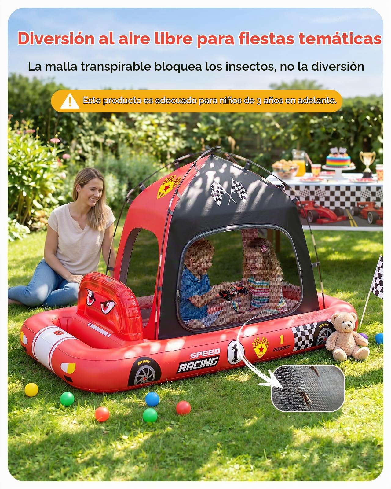 QPAU Colchón de aire en forma de coche de carreras para niños con tienda de campaña y bomba, colchón de aire portátil para casa, viajes y camping, a partir de 3 años