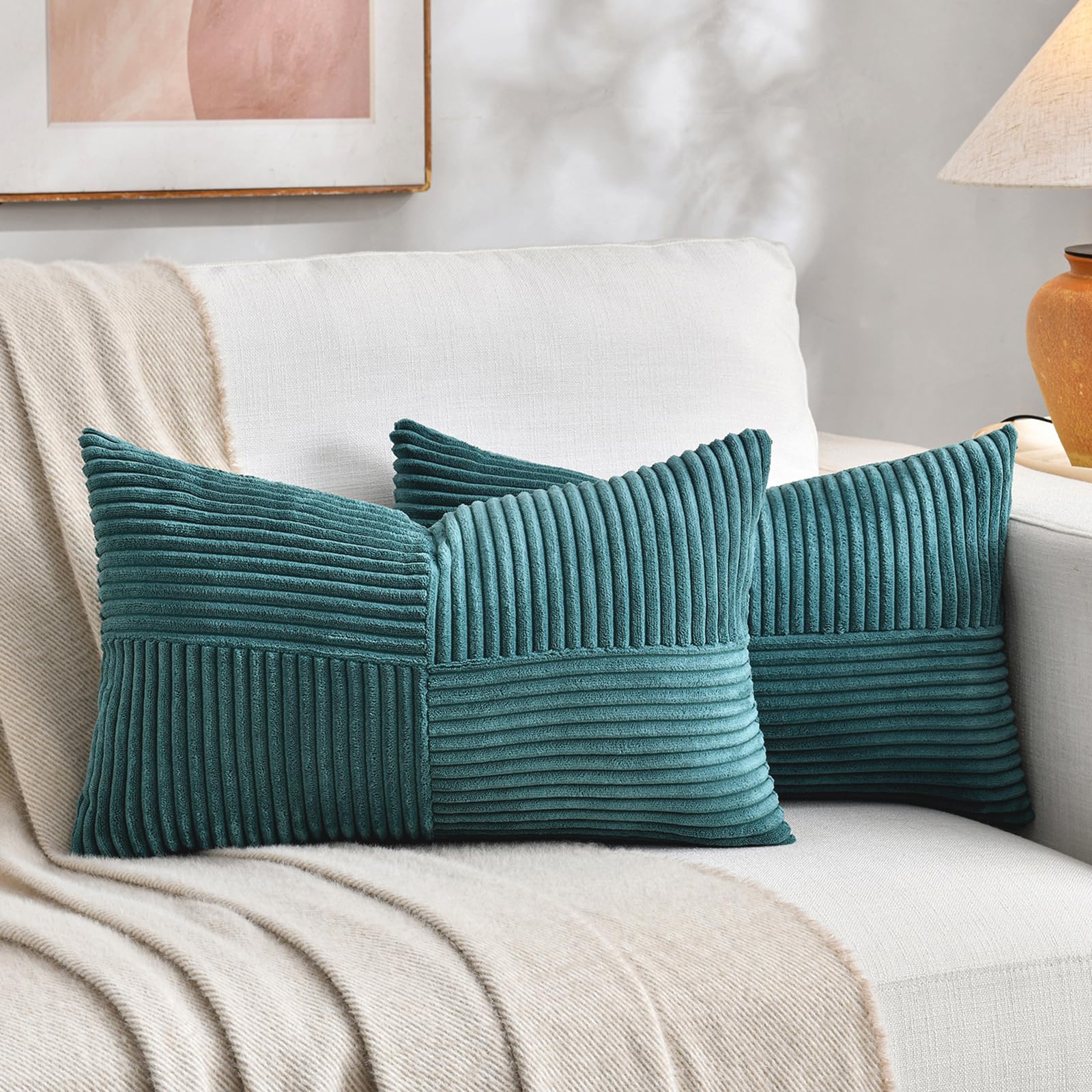 FDTERN Decorative Throw Pillow Covers 14 x 22 Inch for Living Room Couch Bed, Rustic Farmhouse Boho Home Decor, Soft Striped Corduroy Accent Cushion Covers, 35 x 55 cm (Pack of 2), Teal — image 1