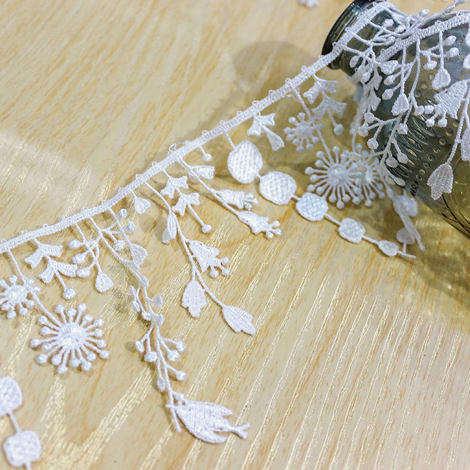 Dressmaking Frilled Trim, 2Y White Black Water Soluble Lace Fabric Embroidered Ribbon Trim Edge DIY Crafts Dresses Curtains Tassel Fringe Decor(Style 1)