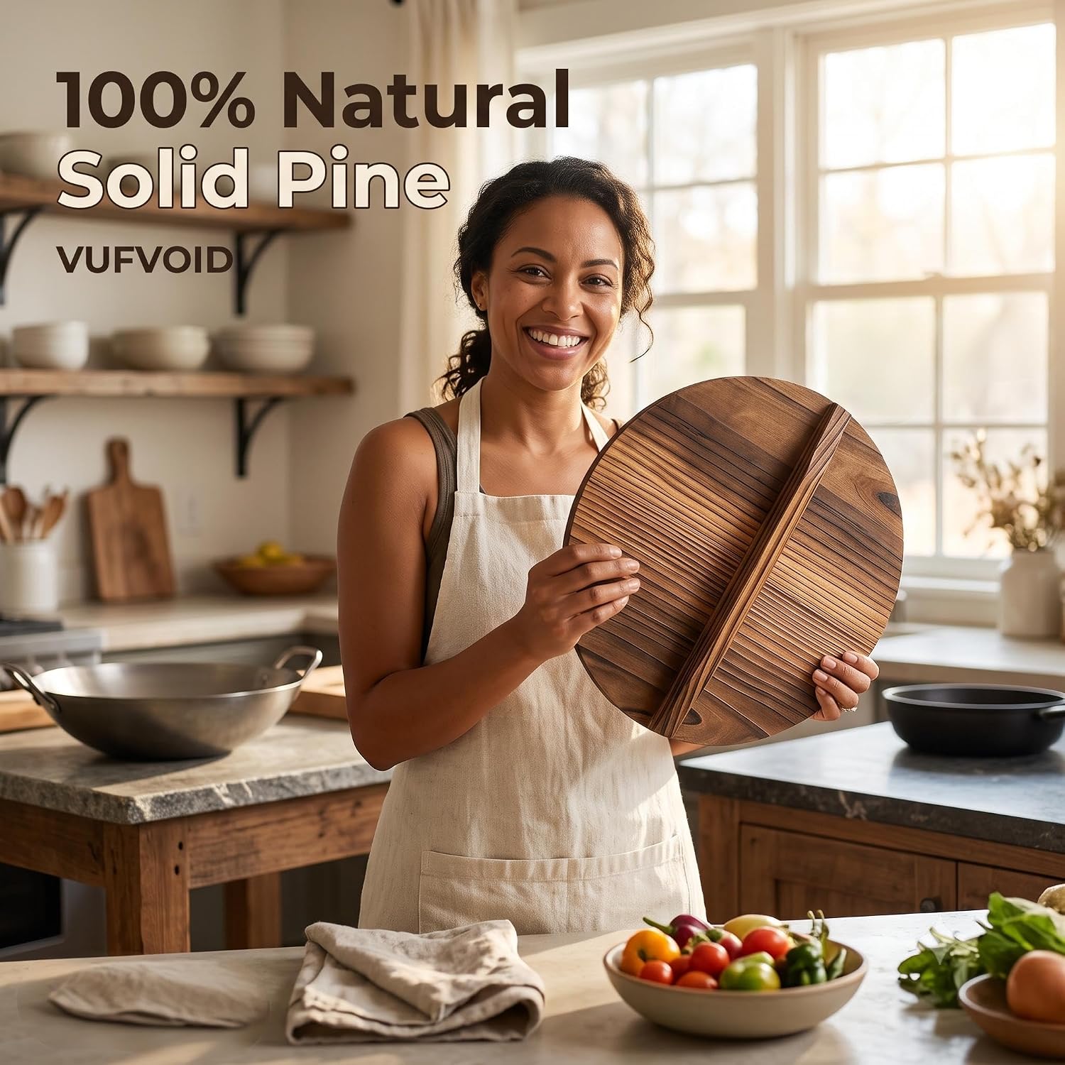 VUFVOID Wooden Wok Lid for 12.8 to 13.4 Inch Stir Fry Pans Carbonized Pine