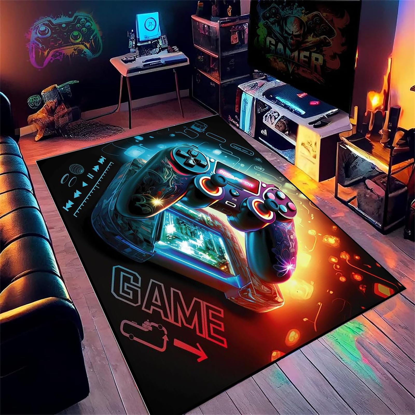 AOESELN 3D Print Gamepad Area Rug,Boys Bedroom Game Rug,120x180cm Gaming Area Rugs,for Children Soft Non-Slip Carpet,Machine Washable and Foldable,for Living Room,Game Room and Bedroom