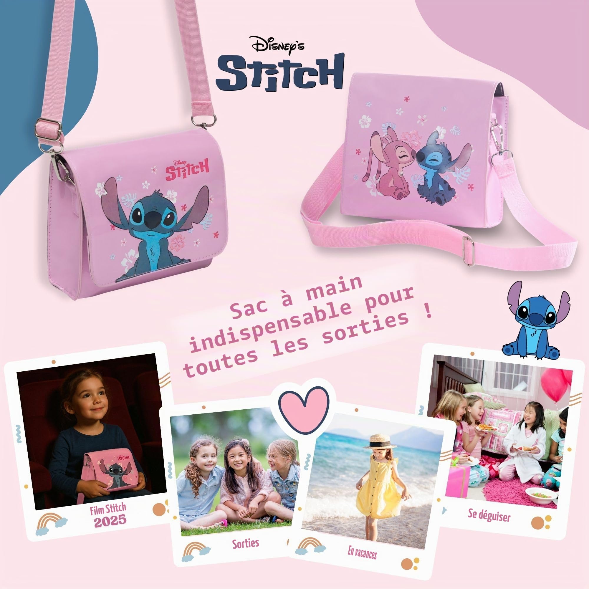 Disney Stitch & Angel Sac à main à bandoulière rose pour filles – Film officiel Lilo & Stitch | Joli sac à bandoulière pour enfants et adolescents | Cadeaux pour filles | Longue bandoulière réglable