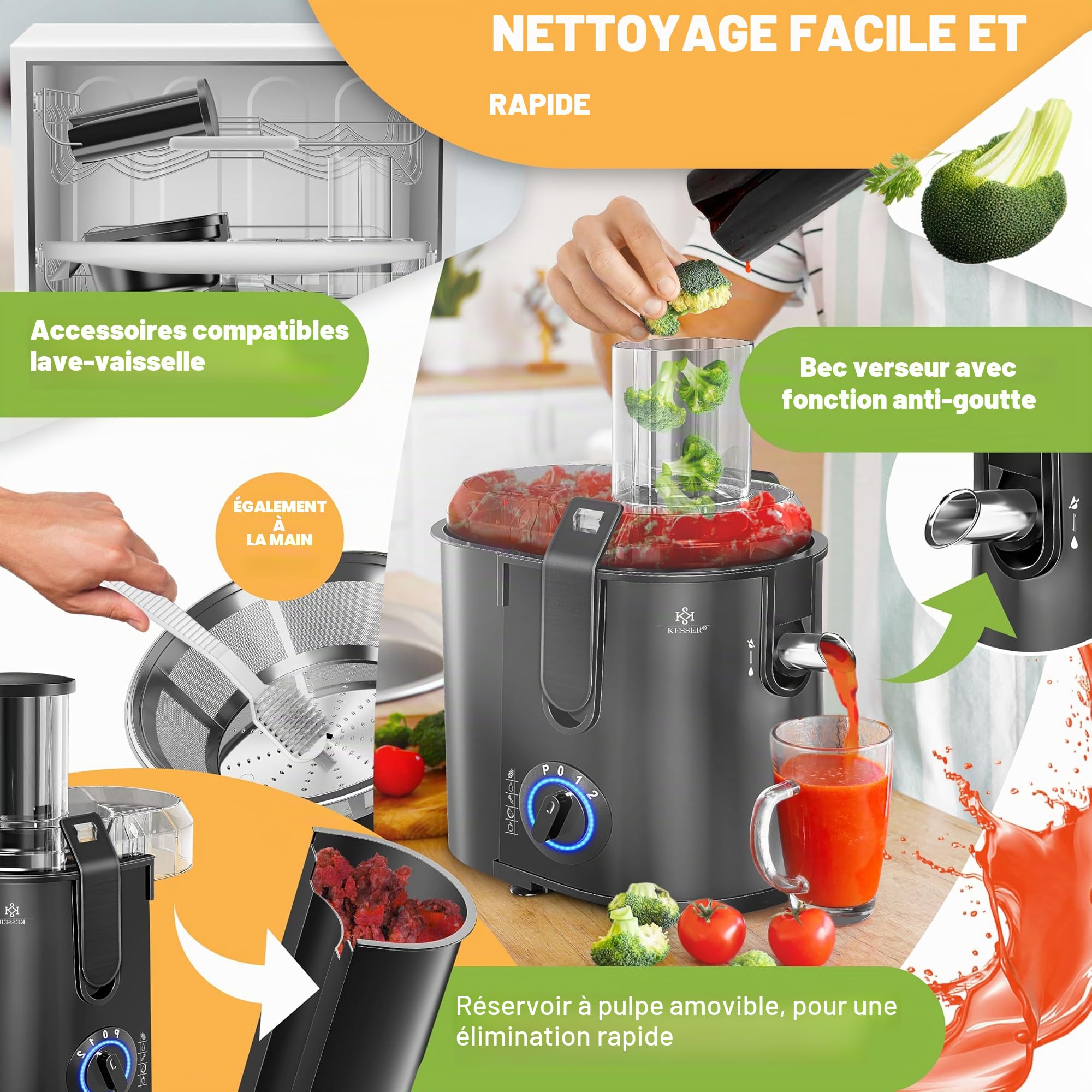KESSER - Centrifugeuse en Inox Fruits et légumes 1100W, Extracteur de jus, Capacité 1L, Ouverture 85mm