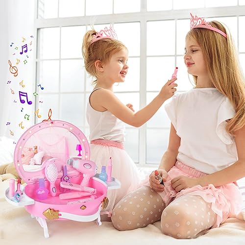 Miniatura 3 de Vanidad para niños pequeños  Juego de tocador portátil para niños con espejo y accesorios de maquillaje, luces y música, kits de maquillaje de