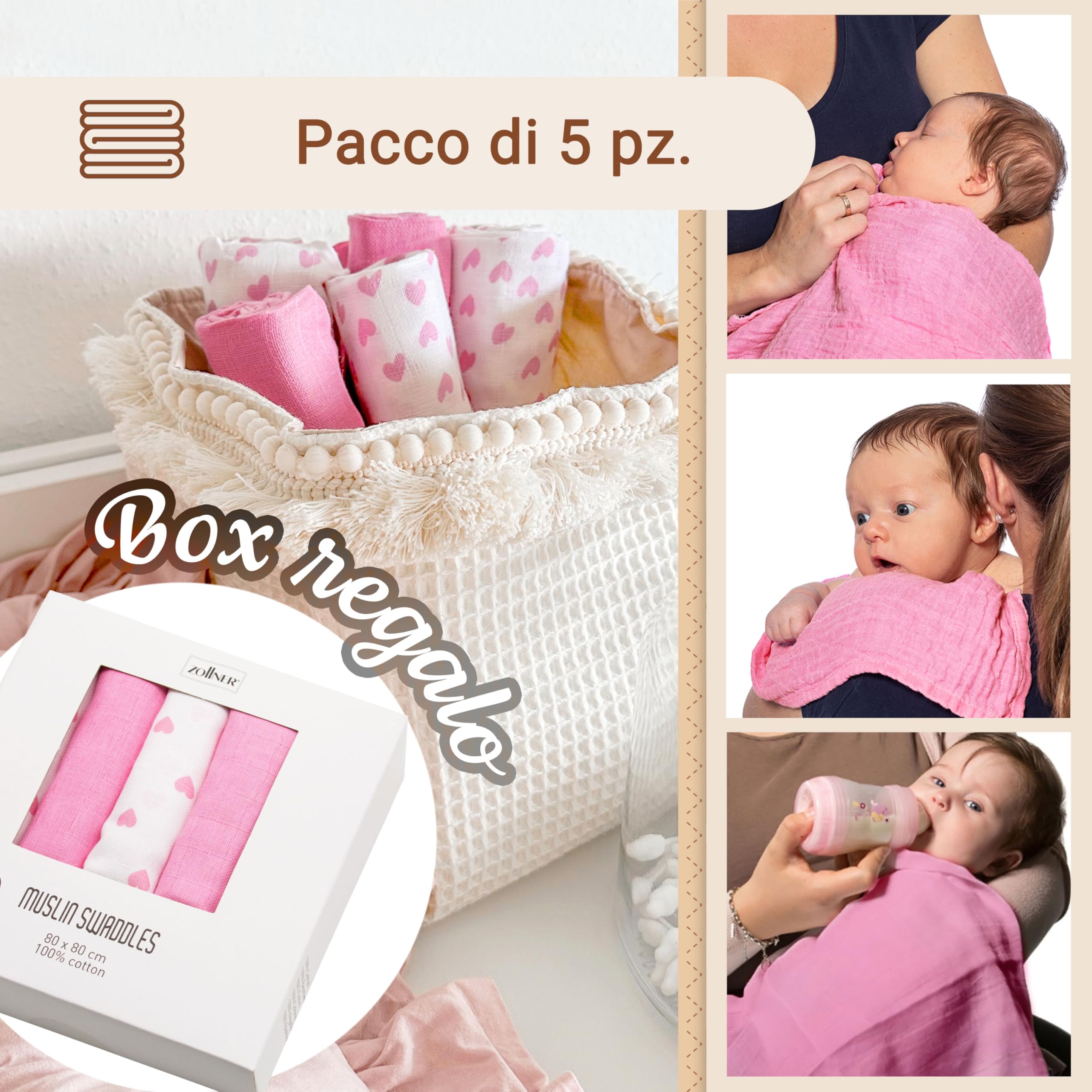 ZOLLNER 5 mussole in musselin - 80x80 cm in cotone morbidissimo - panni soffici e sensibili sulla pelle - rosa bianchi con box regalo - lavabili a 60°C - certificati OEKO TEX (R)