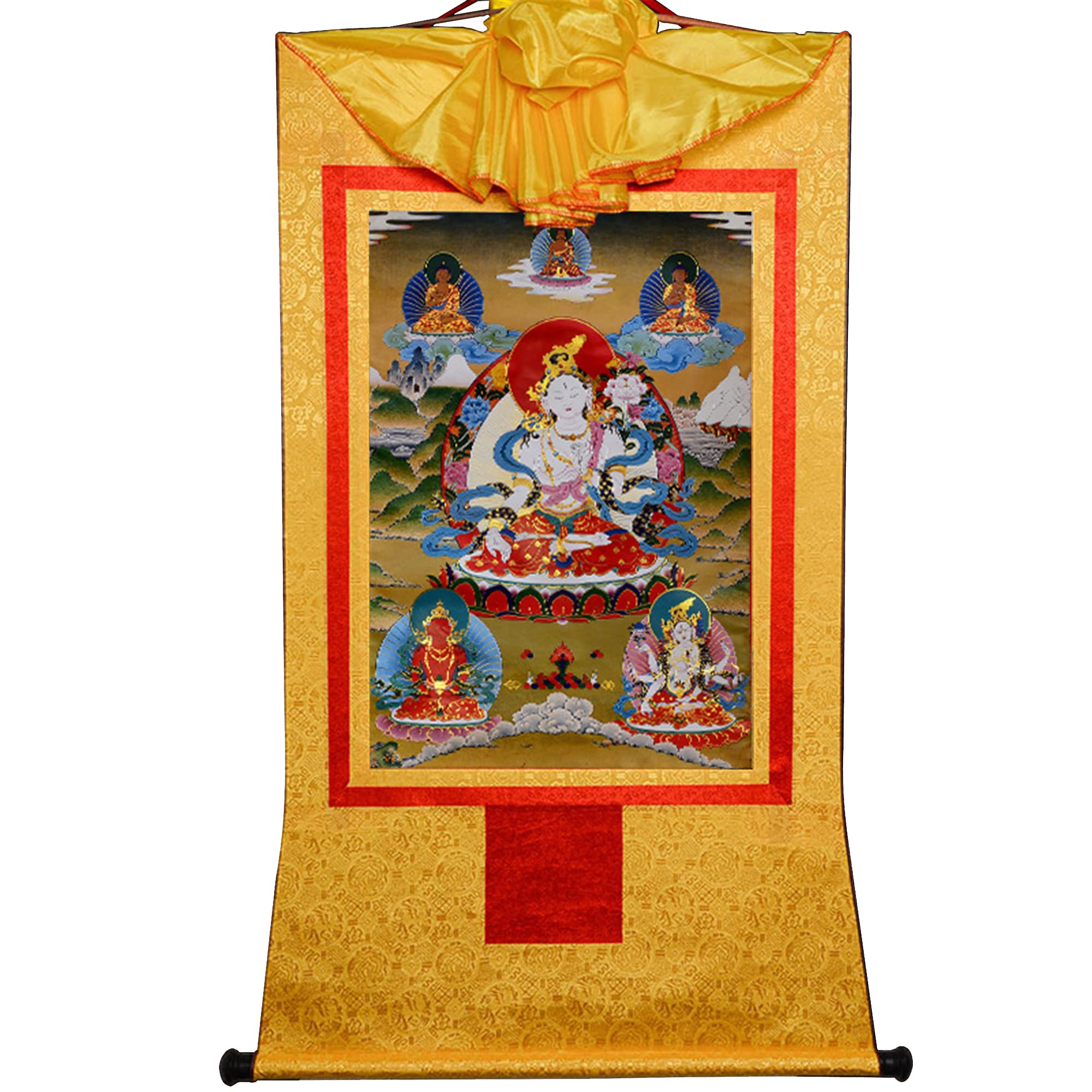 Gandhanra Yellow Tibetan Buddhist Thangka Wall Hanging,White Tara Thangka,Hot Stamped Brocade Buddhist Tapestry For Zen Home Decor, Meditation, Spiritual Relaxation