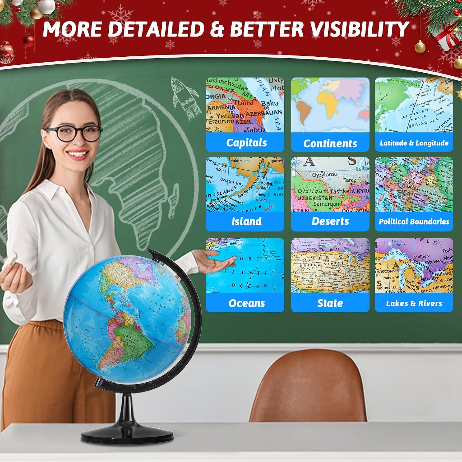 GOCHANGE Classroom Globes Elementary, 13in Large Globe More Detailed with Countries & Capitals & State Capitals, Political Teaching Tool for Adults & Children - No Assembly Required, view 3