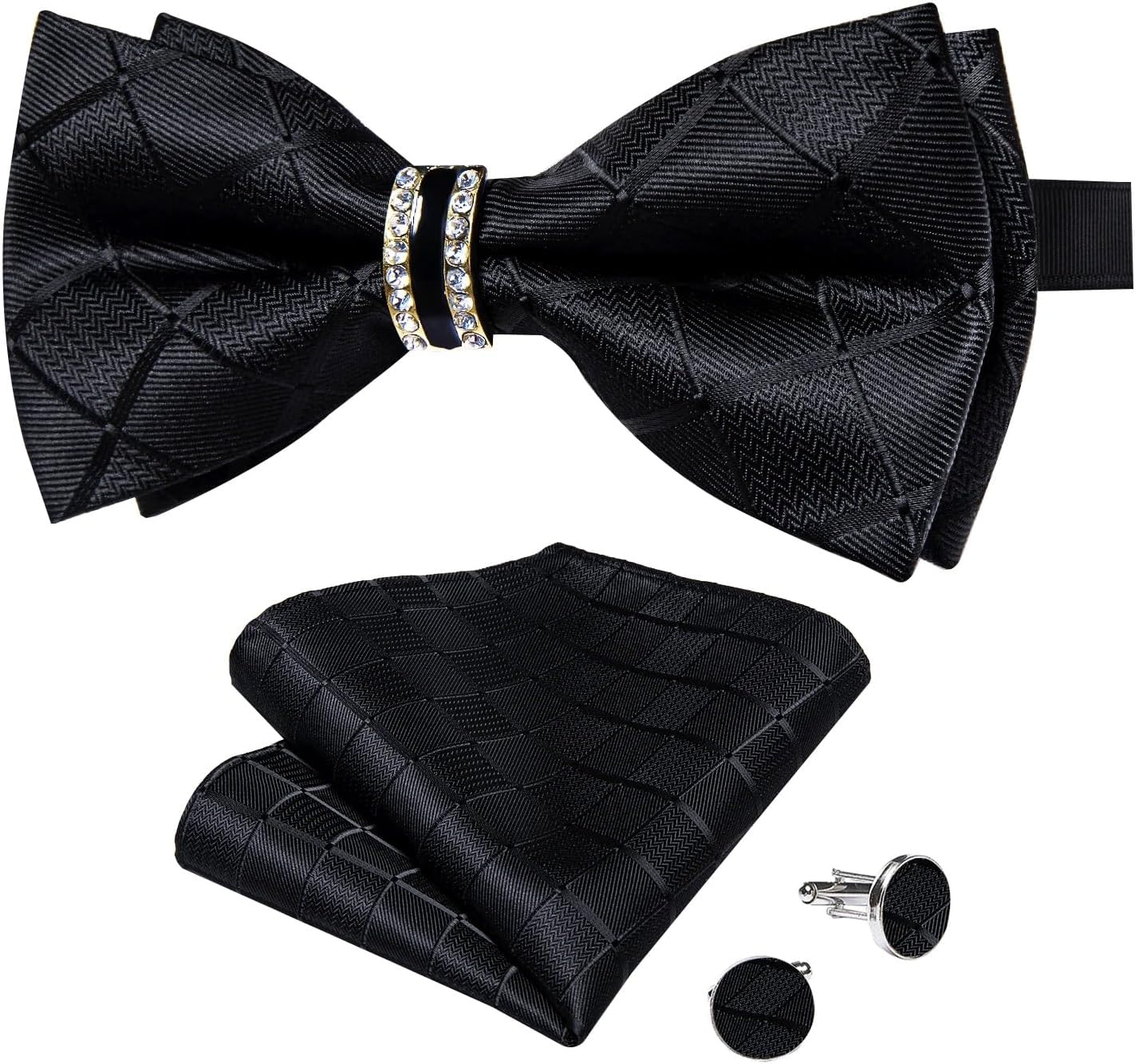 Business Party Bow Tie Solid Pre-tied Bowtie with Diamond Half Decor Pocket Square Cufflinks Set