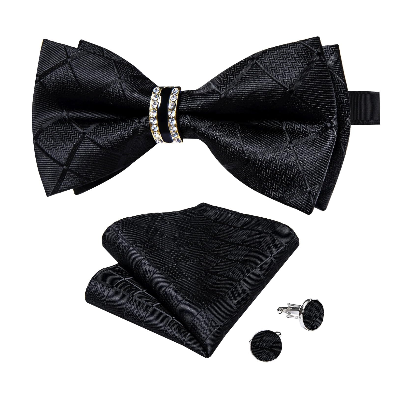 FENOKD Business Party Bow Tie Solid Pre-Tied Bowtie with Diamond Half Decor Pocket Square Cufflinks Set (D As Shown)