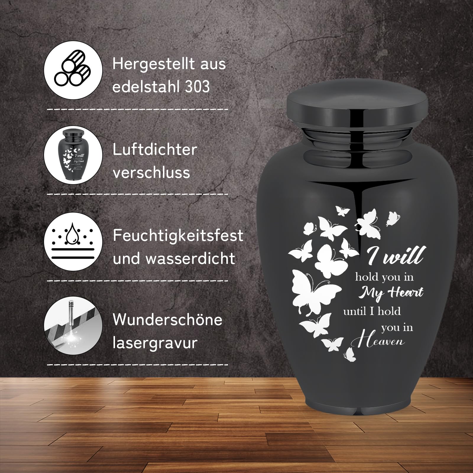 Cremation Urns for Dogs Cats Ash Holder Large Urns for Human Ashes Memorial Urn for Adults Male Female Keepsake Funeral Urn (Black Butterfly) - Image 4