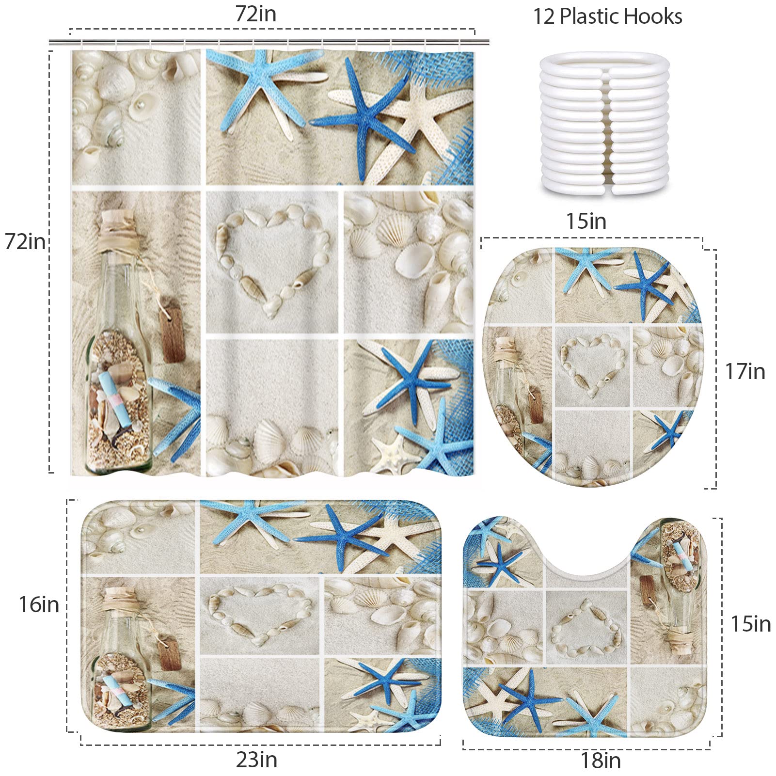 Britimes 4 Piece Shower Curtain Sets, with 12 Hooks, Beach Summer Seashells Sea Shell with Non-Slip Rugs, Toilet Lid Cover and Bath Mat for Bathroom Decor Set, 72