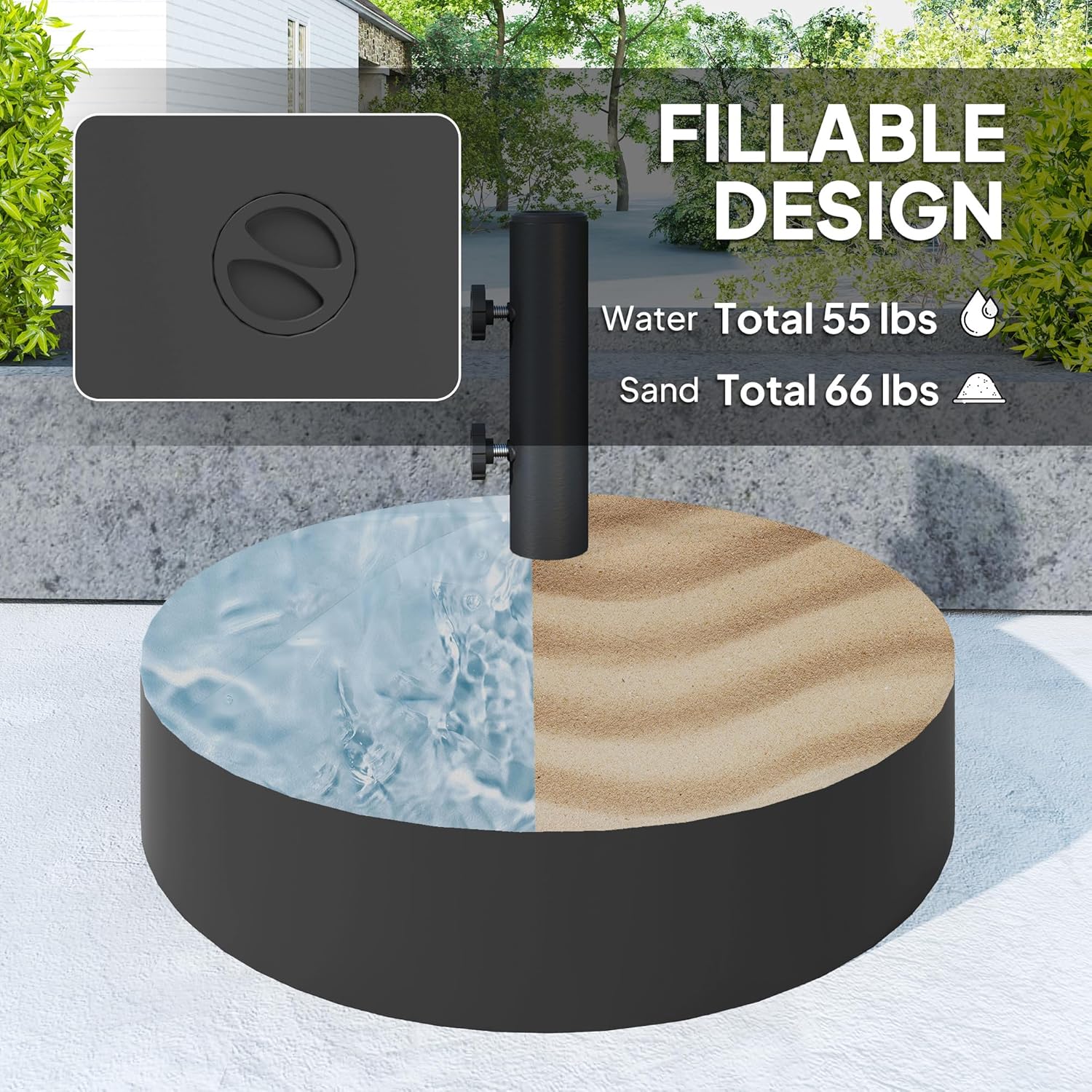 Outsunny Patio Umbrella Base Holder, Heavy Duty Outdoor Umbrella Stand Base, Filled Up to 66lbs with Stand or 55lbs with Water for Garden, Poolside, Black