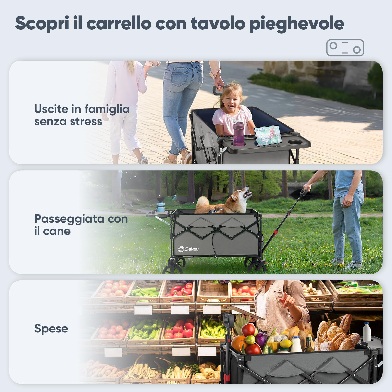 Carrello Pieghevole YEAUPE PRO 60-110L Con Doppi Freni, Ruote Grandi E Manico Regolabile – Per Campeggio, Spiaggia E Giardino, Nero