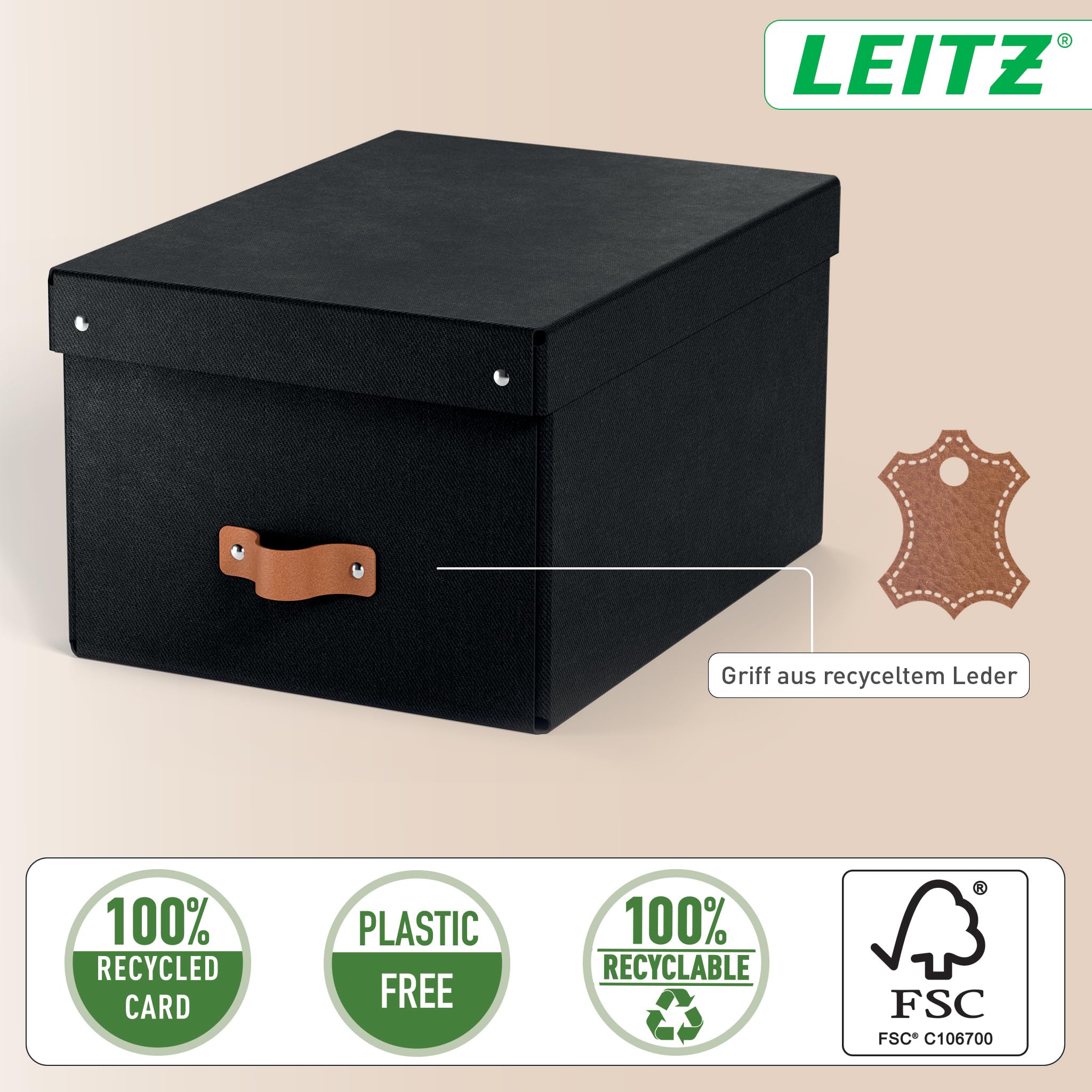 Leitz Puro Aufbewahrungsbox mit Deckel, Medium, 2er-Set, Box 17 L, stapelbar, Organizer-Box für Regale und Schränke, FSC-Karton, für Büro und Home Office, 26 x 35 x 20 cm, Schwarz, 61490095