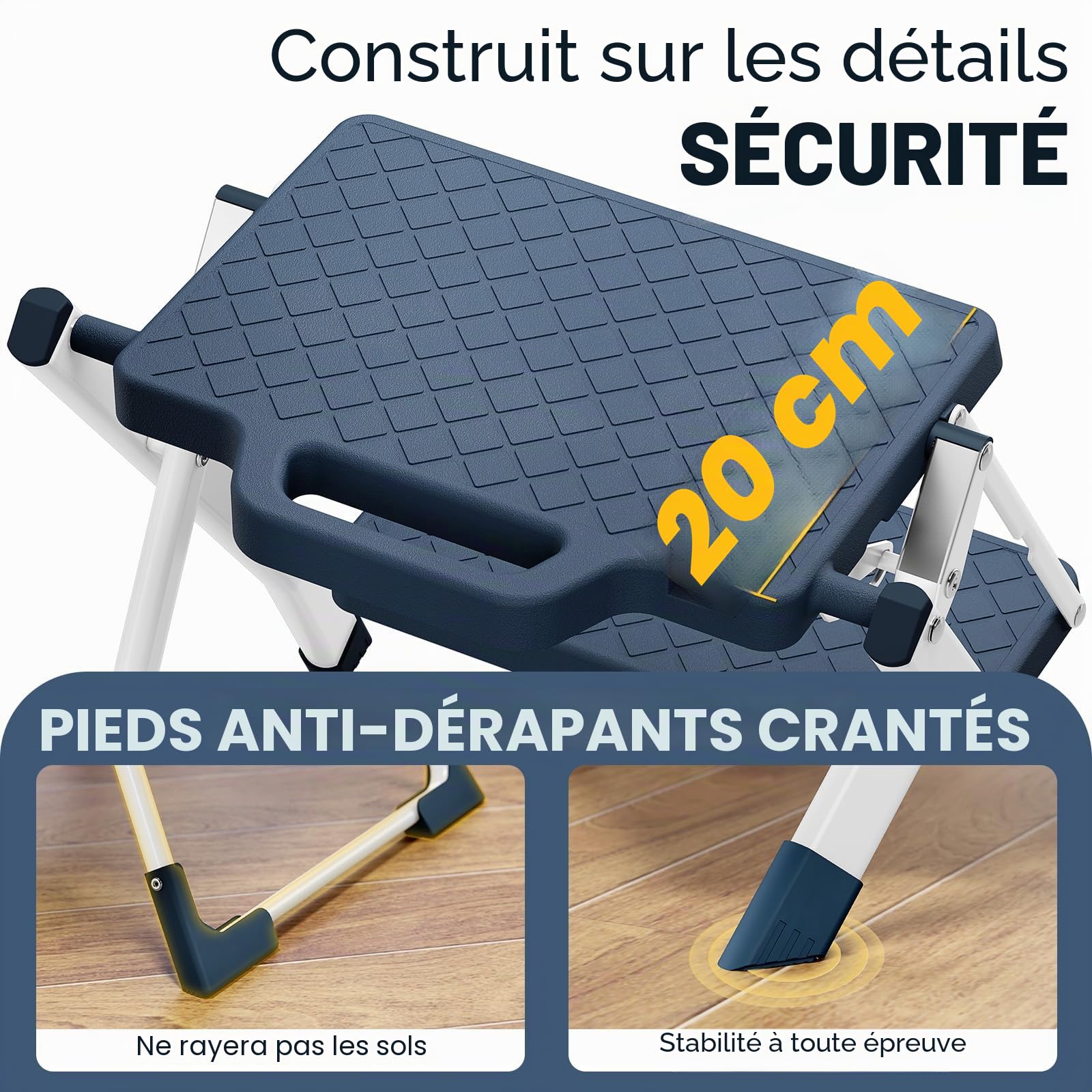 Urackify Échelle Marchepied 2 Marches en Acier Robuste, Pédales Larges Antidérapantes avec Poignée, Échelle Pliable Sécurisée Patins Antidérapants, Charge 150 kg, Idéale Maison Cuisine, Bleu
