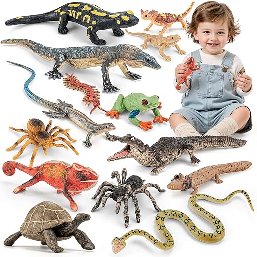 14PCS Reptile Animal Figurines Toys, Amphibians Diorama Toys with Axolotl,Horned Lizard,Snake,Spider,Chameleon,Fire Salamander,Crocodile Rainforest Animal Figurines Toy Party Favor for Kids