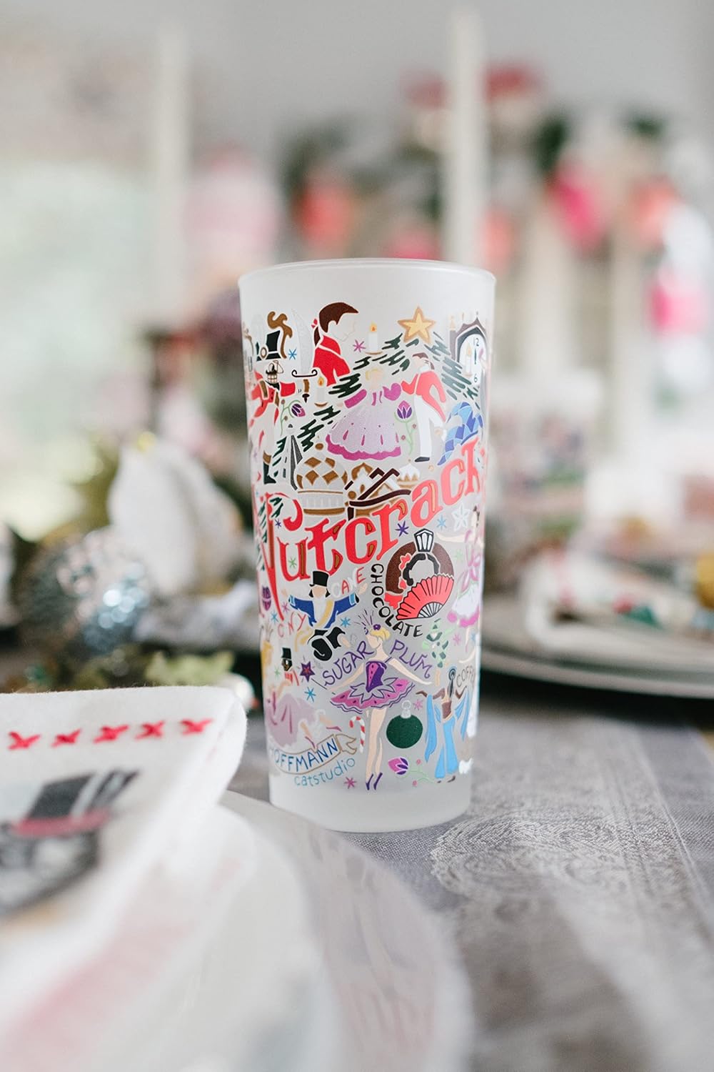 Catstudio Drinking Glass, Nutcracker Frosted Glass Cup for Kitchen, 15oz Dishwasher Safe Tumbler for Holiday Season, Christmas Gifts
