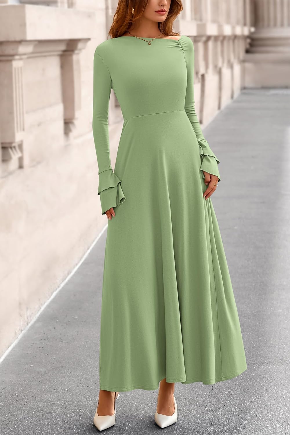 PRETTYGARDEN Womens Dresses Formal Off The Shoulder Long Sleeve Ruched Knit A-Line Maxi Wedding Guest Dress Fall Clothes - Image 3