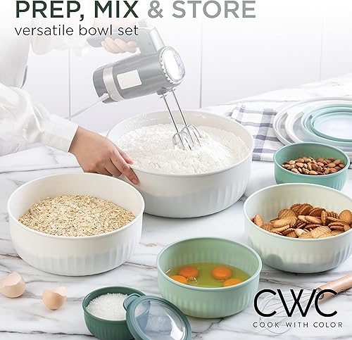 Miniatura 2 de COOK WITH COLOR - Juego de tazones de preparación anchos con tapas, para mezclar, de plástico, pequeños y apilables (color negroblanco)