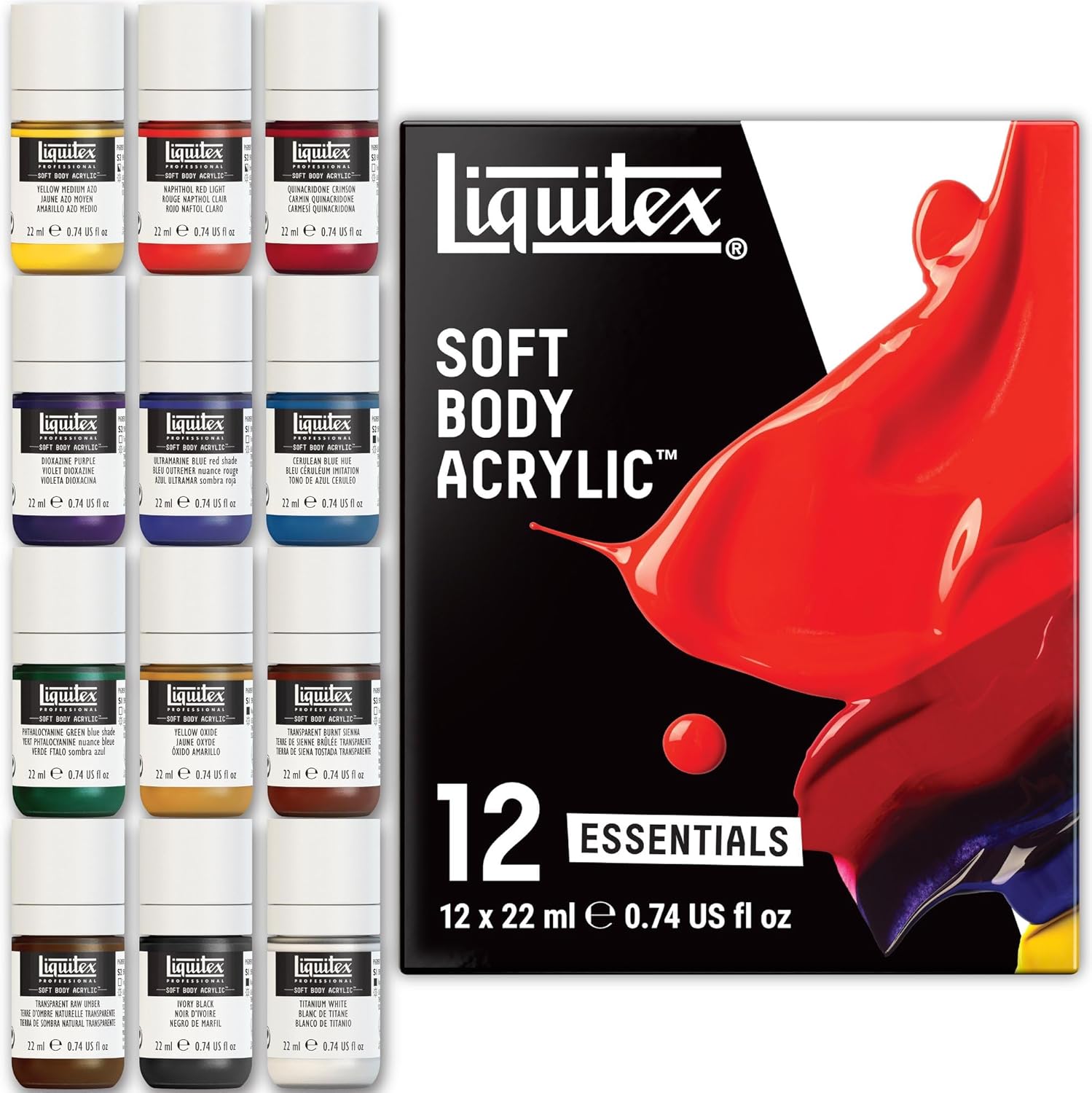 Liquitex Professional Soft Body Acrylic Paint, 12 x 22ml (0.74-oz), Essentials Set