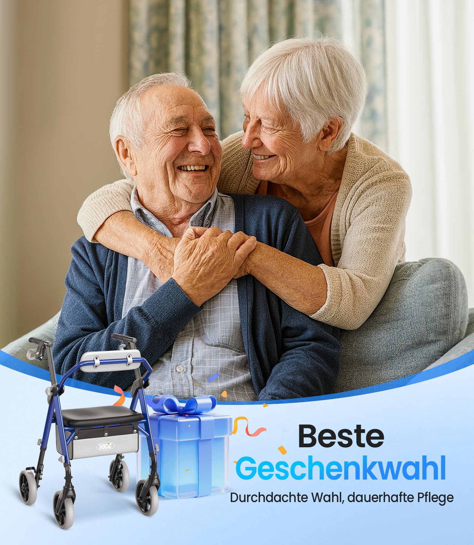 VOCIC Z11 Rollator faltbar und leicht mit Sitz,Max 172kg,Schmal für wohnung | Rollatoren leicht klappbar für Senioren, Sitz & Griff – Ergonomisch & Höhenverstellbar,Walker Meeresblau, 5 Jahre Support