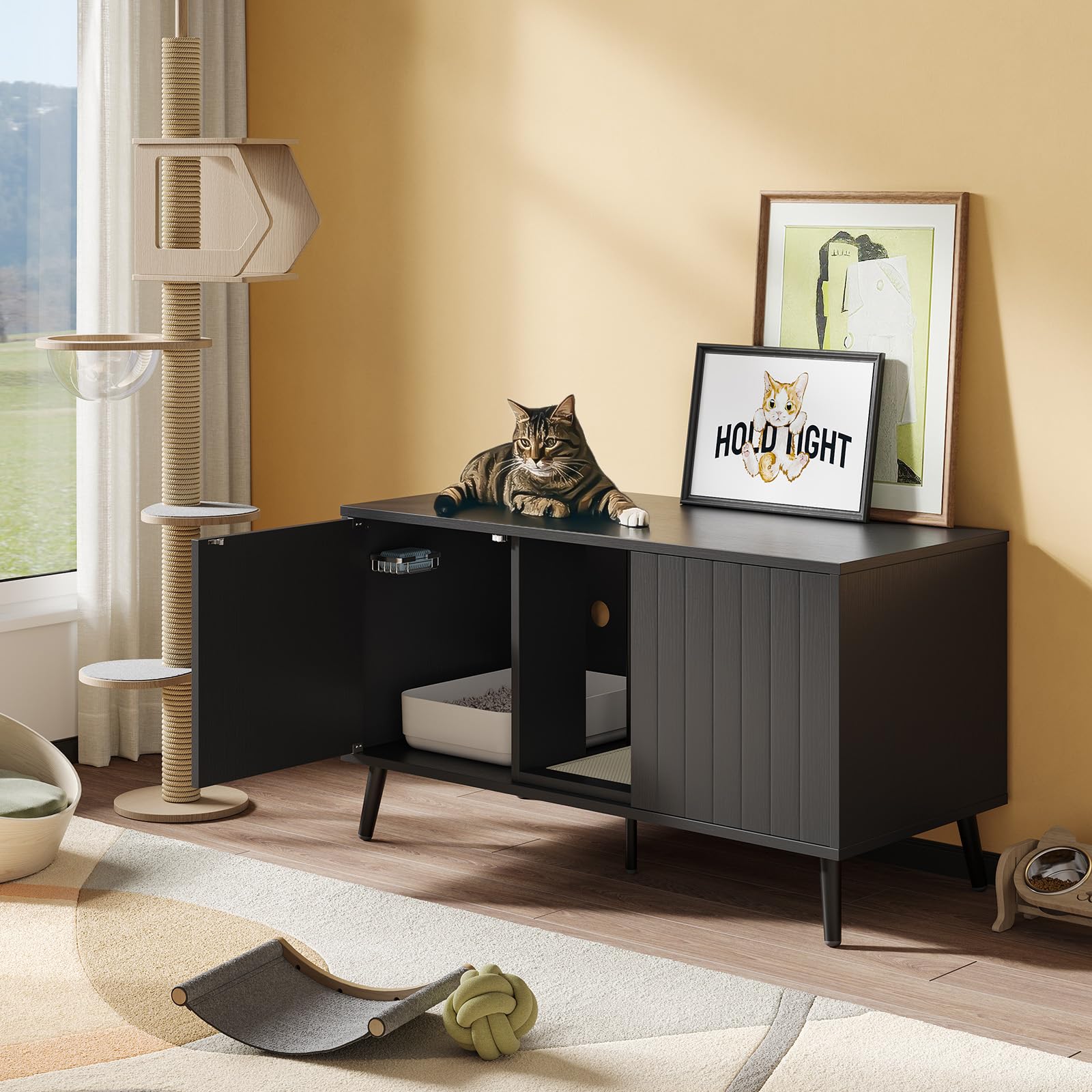 Bestier Cat Litter Box Enclosure for 2 Cats, 47.2" Hidden Double Cabinet Cat Washroom Furniture with Litter Mat, Dog-Proof Design, TV Stand for up to