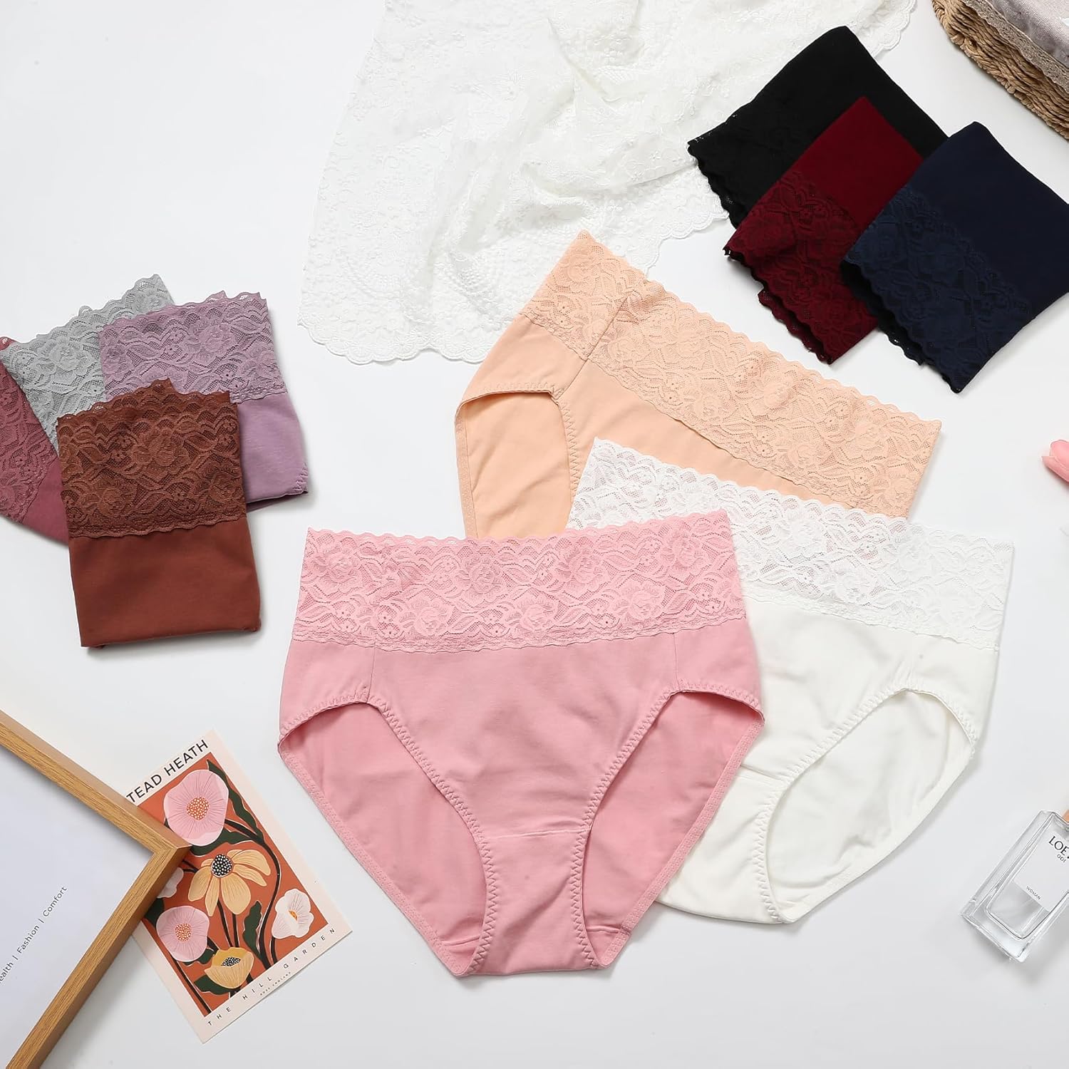 Wealurre Womens Underwear Cotton Bikini Panties for Women High Waisted Lace Hipster Stretch Briefs for Ladies 5 Pack - Image 6