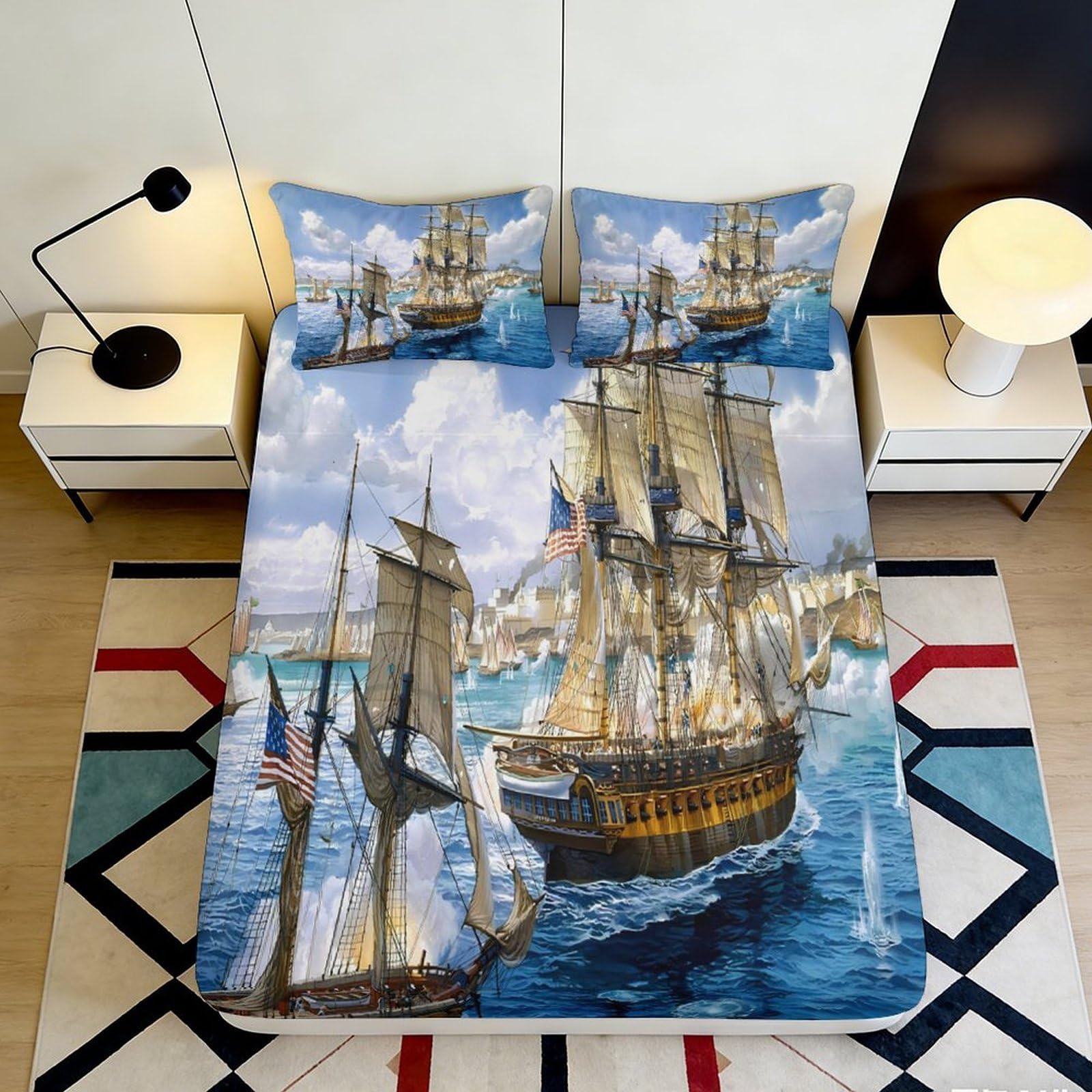 3D Printed Sailing Ship Ocean Fitted Sheet Microfiber Soft Bed Cover Nautical Decor Mattress Cover for Bedroom Guestroom 90x200x25cm