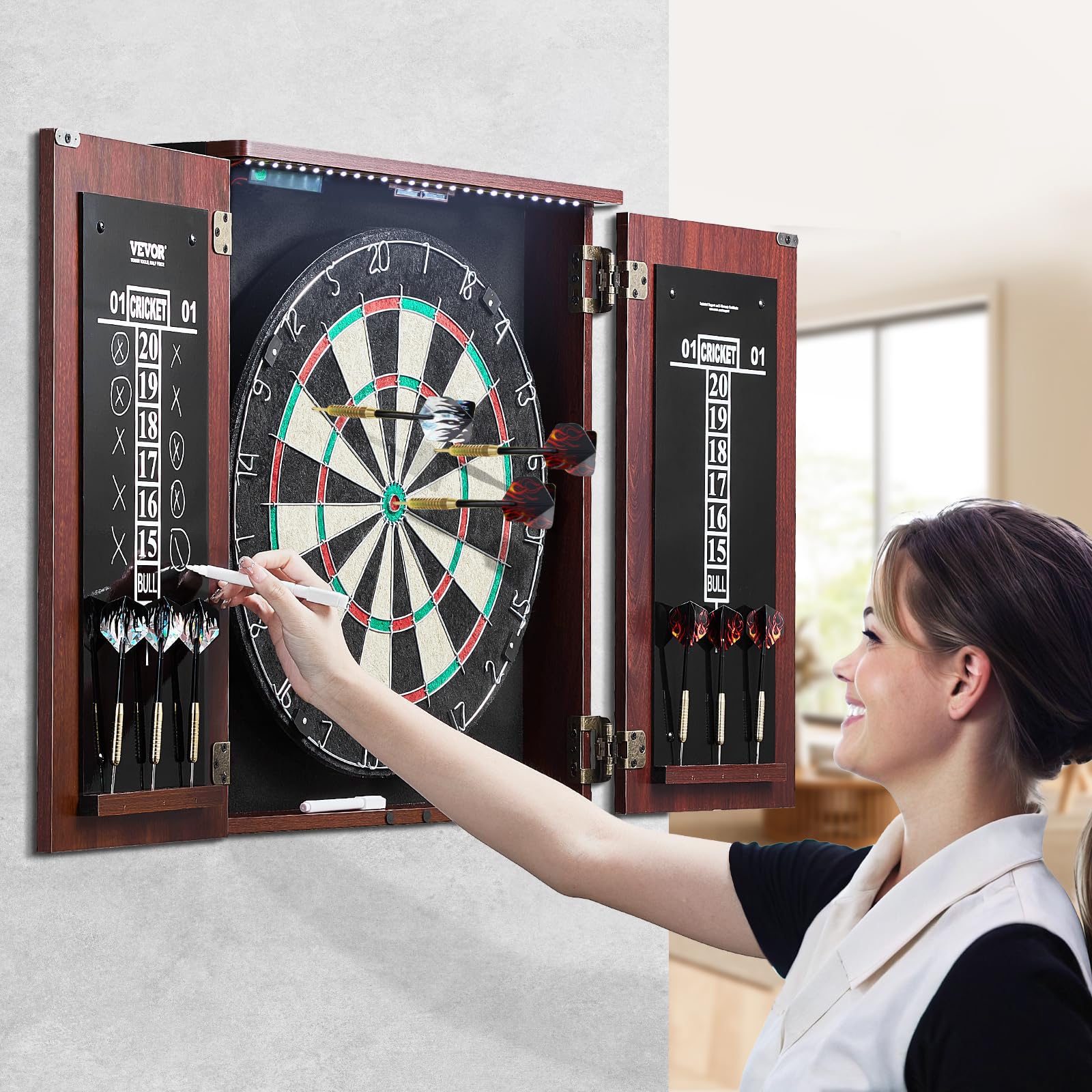 VEVOR Cible de Fléchettes et Armoire Prêt à Jouer, Armoire à Fléchettes de Taille Officielle, Jeu de Fléchettes à Pointe en Acier, avec Lumière LED, Accessoires Complets, pour Jeux de Cricket