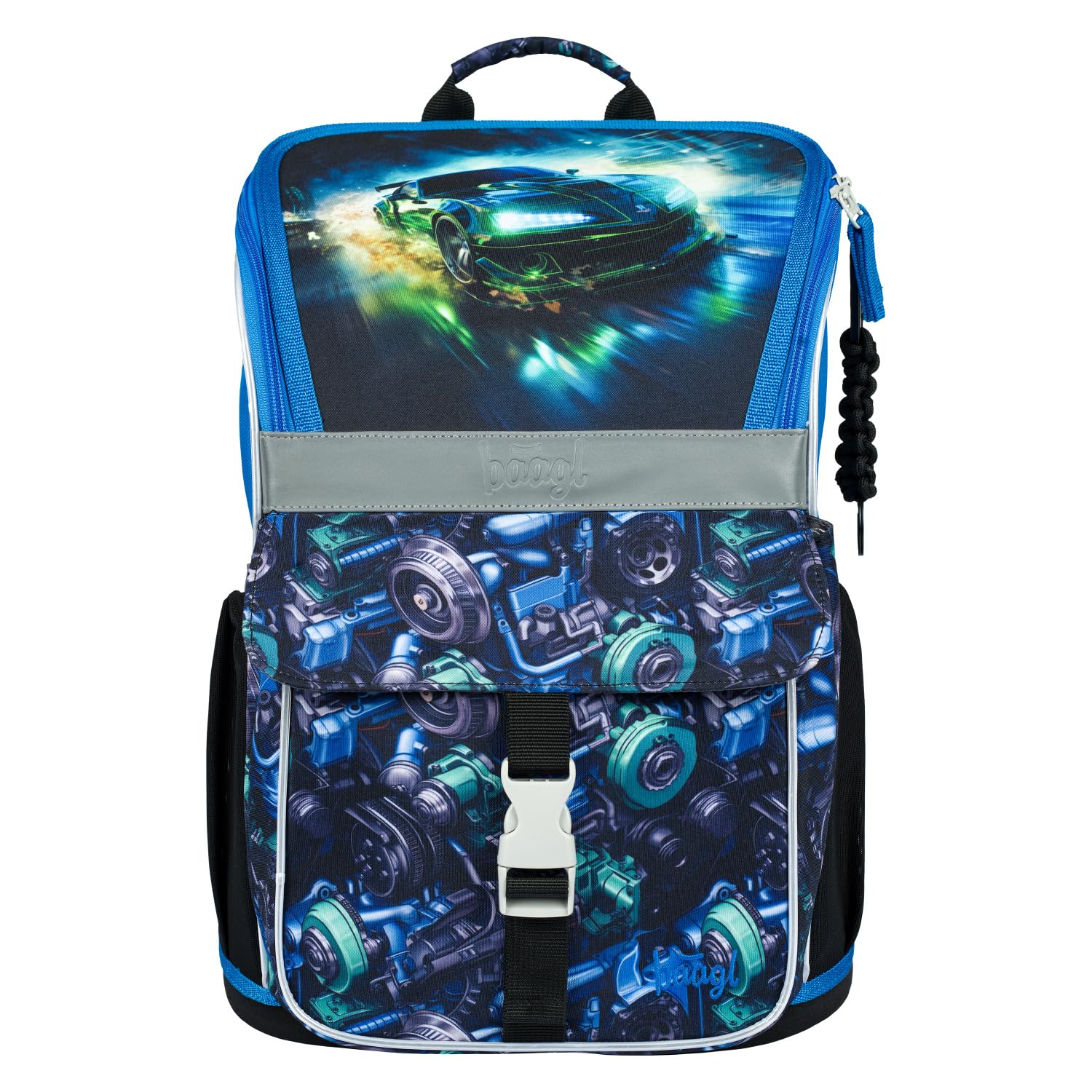 Baagl Mochila escolar para niños y niñas, 3 piezas, mochila escolar Zippy para 1ª clase, mochila escolar primaria con correa para el pecho, mochila escolar ergonómica, Coche de carreras, Juego de