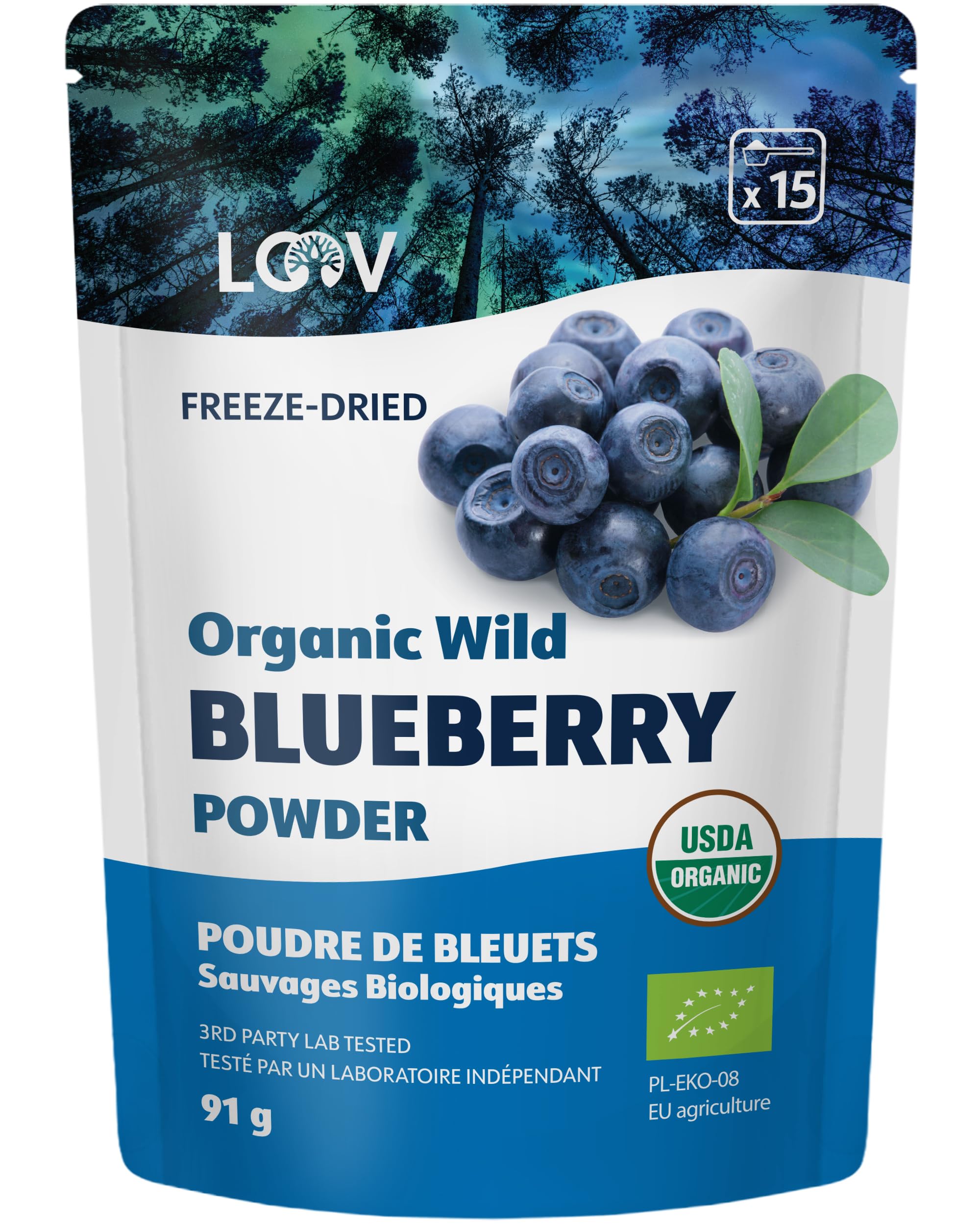 LOOV Organic Wild Blueberry Powder - 15-Day Supply, 3.2 Oz, Good for Smoothie & Breakfast, Freeze-Dried, from Northern Europe, No Added Sugar