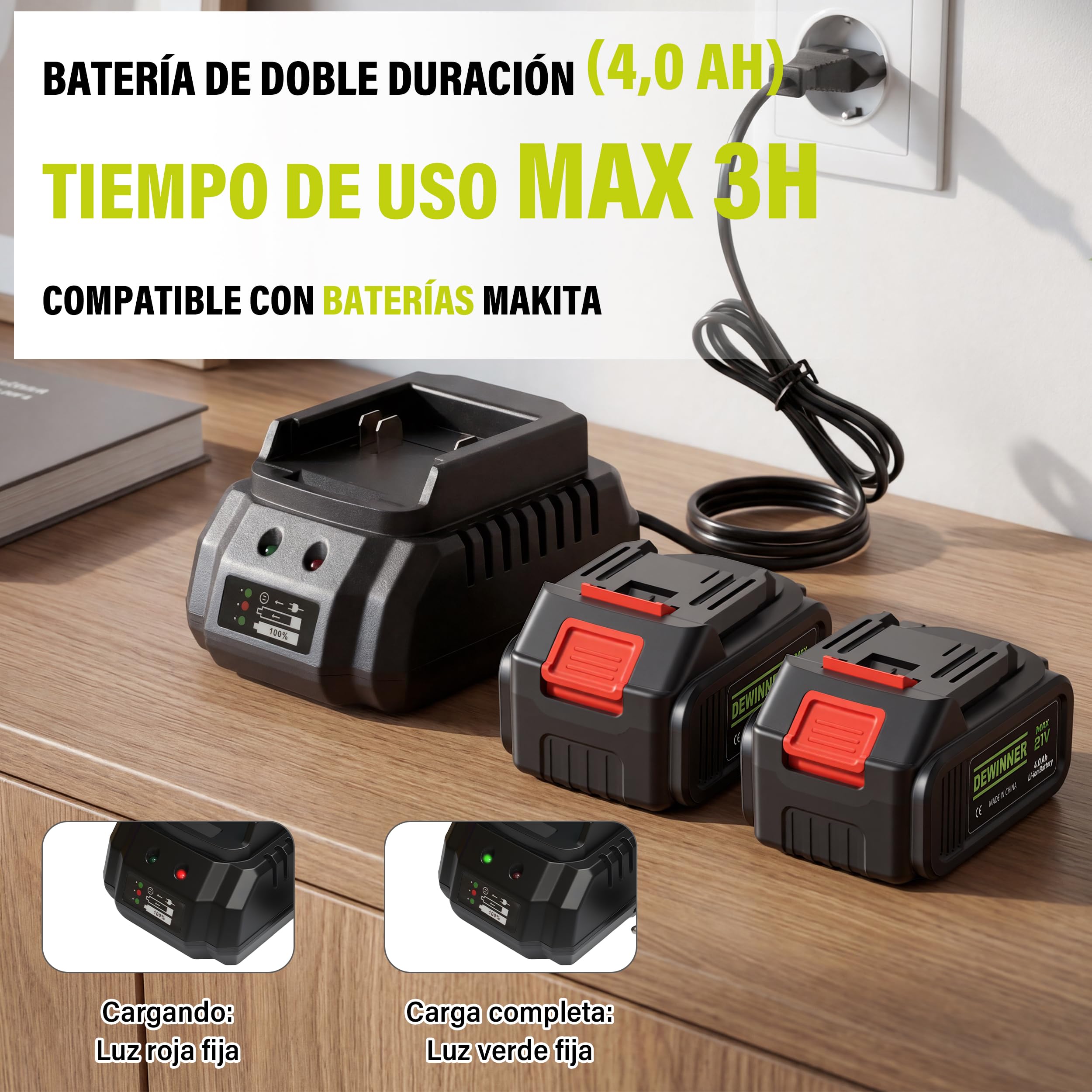 DEWINNER Soplador de Hojas Inalámbrico, 2x4,0Ah Baterías, 210 km/h | 6 Velocidades Ajustables, 2 Tubos Desmontables, Kit Completo, Profesional para Jardín, Compatible con Baterías Makita, Verde