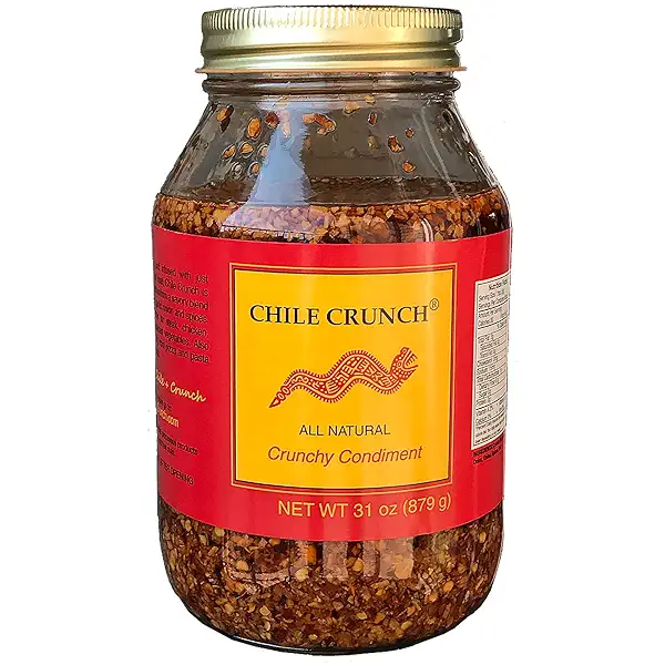 CHILE CRUNCH - Original Spicy Crunchy Condiment - All Natural Roasted Chili Peppers, Garlic & Onion Crisp Sauce - Vegan, Gluten-Free, No Preservatives - Homemade Authentic Mexican Recipe - 31oz. Party Jar (1 Pack) 1