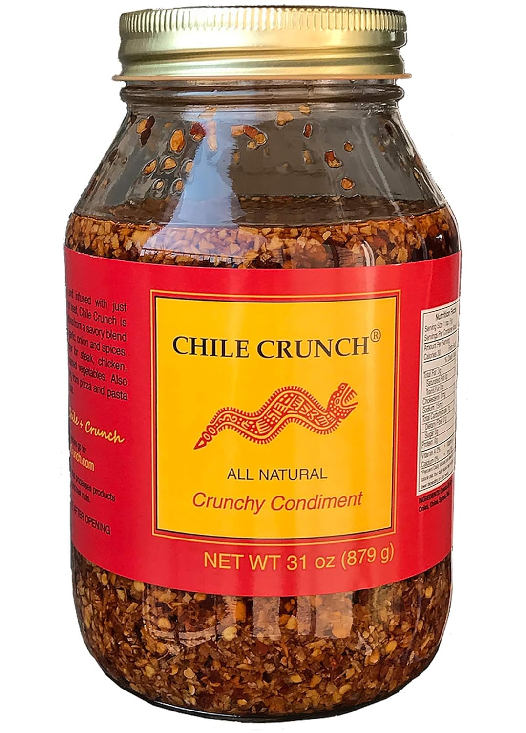 CHILE CRUNCH - Original Spicy Crunchy Condiment - All Natural Roasted Chili Peppers, Garlic & Onion Crisp Sauce - Vegan, Gluten-Free, No Preservatives - Homemade Authentic Mexican Recipe - 31oz. Party Jar (1 Pack)